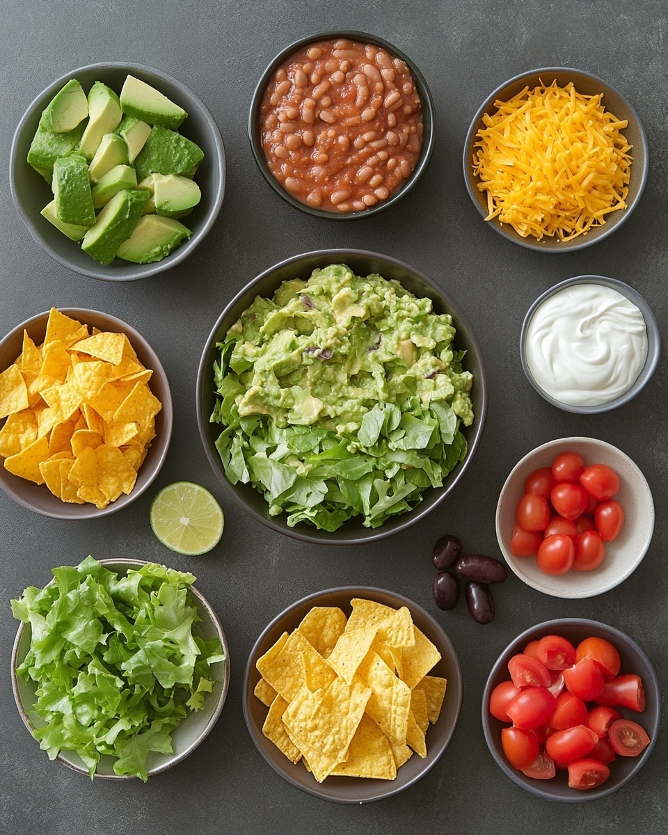 A woman's hand holds a single tortilla chip loaded with several layers of toppings; the bottom layer is crispy beige chip, topped with shredded white and yellow cheese, diced red tomatoes, green lettuce pieces, black olive slices, and small bits of creamy sauce or dip, creating a colorful and textured mix. In the blurred background, a white bowl filled with more toppings and a white plate with a full serving of a mixed salad are visible, all set against a white marbled surface. photo taken with an iphone --ar 4:5 --v 7
