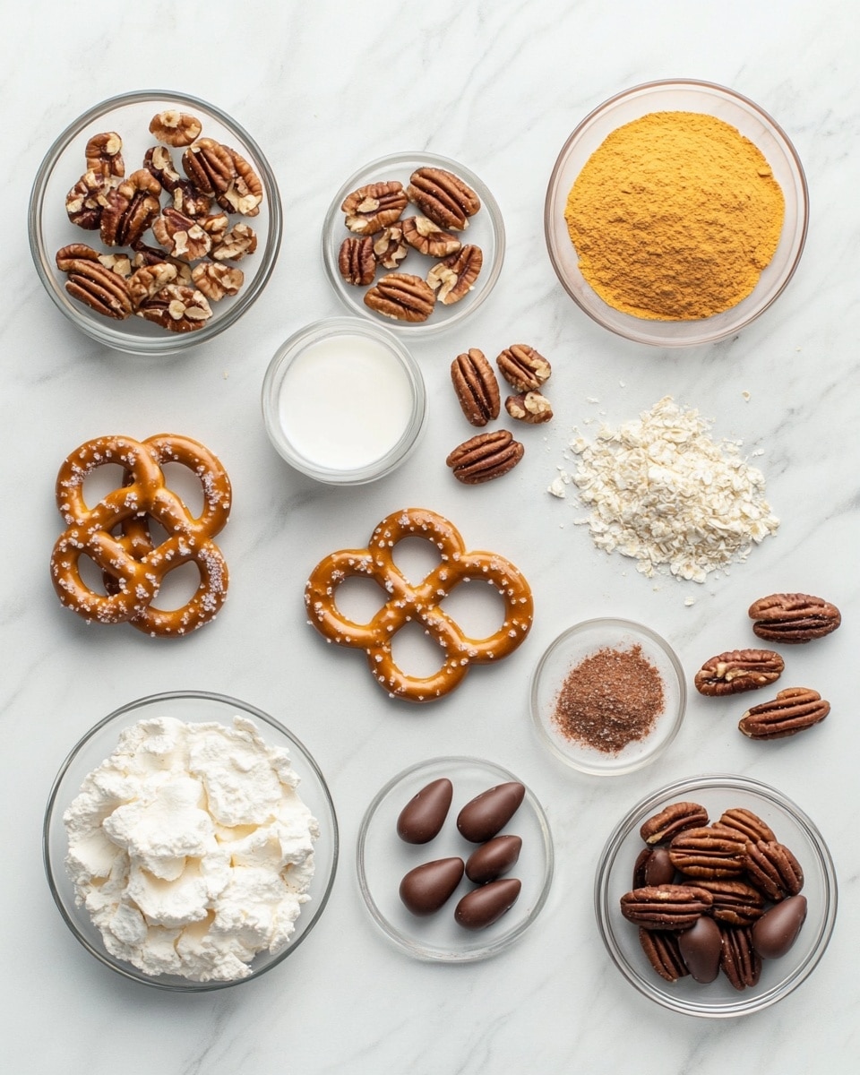 The image shows small snacks made with three layers: a square pretzel base with a light brown, glossy texture and small holes; on top, a smooth and thick layer of milk chocolate with a slight shine, shaped to fit the pretzel; and three large pecan halves placed on the chocolate, their reddish-brown ridged surfaces forming the top layer. The snacks are arranged on a dark wooden surface, with some wrapped chocolates and other pretzel bites visible slightly out of focus in the background. The whole scene has a warm and inviting feel. Photo taken with an iphone --ar 4:5 --v 7