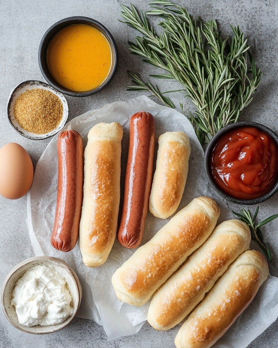 A circular wooden board holds a ring of small wrapped sausages, each covered in a golden-brown pastry sprinkled with white sesame seeds, black poppy seeds, and salt. The sausages peek out from the ends of the pastry, showing a reddish-brown color. Green sprigs of rosemary are placed between the sausages around the ring, adding a fresh contrast. In the center of the ring is a small white bowl filled with creamy, light beige mustard or dip. The background shows a white marbled surface with a red, green, and white striped cloth in soft folds behind the wooden board. A white dish with red ketchup is slightly visible in the top left corner. Photo taken with an iphone --ar 4:5 --v 7