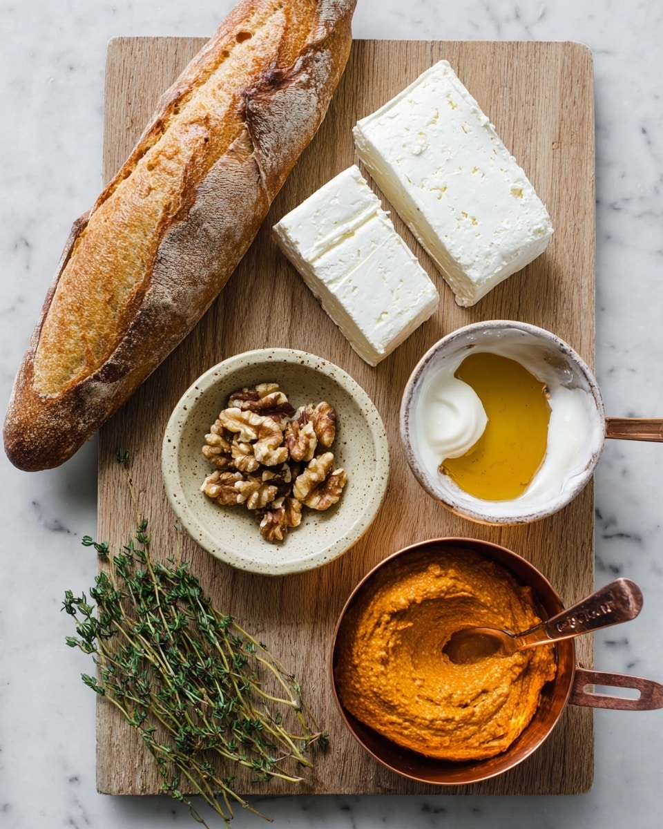 The image shows a wooden board on a white marbled surface with six main items arranged neatly: on the top left, there is a golden-brown crusty loaf of bread with a rough texture; next to it on the top right, two thick white blocks of cheese sit on an off-white bowl with a slightly rough edge; below the bread on the left, sprigs of fresh green thyme lay flat; at the center, a small beige bowl with a smooth surface holds a light amber honey-like liquid; to the right of the liquid, a copper measuring cup filled with bright orange, slightly chunky spread; below this, a white bowl contains uneven pieces of brown walnut halves; and on the bottom left, a copper measuring cup filled with smooth white cream. The photo taken with an iphone --ar 4:5 --v 7