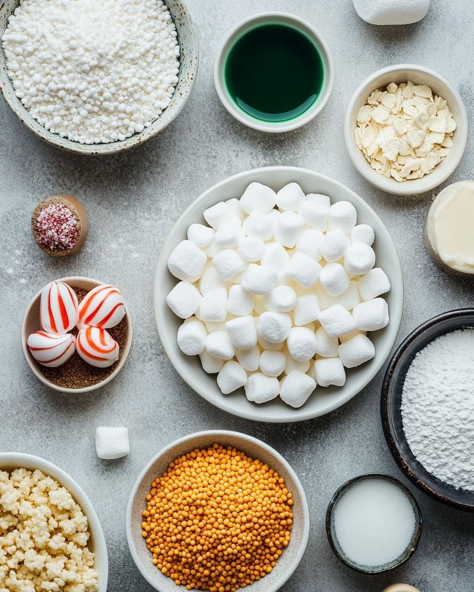 Three green Christmas tree shaped rice treats are placed on a crumpled brown paper on a white marbled surface. Each tree has red, white, and green round and stick sprinkles scattered across its surface, with one white flower-shaped sprinkle near the top of each tree. To the top left, there is a clear glass bowl filled with more of the same red, white, and green sprinkles. To the top right, a green metal Christmas tree shaped cookie cutter rests on the brown paper. Photo taken with an iphone --ar 4:5 --v 7