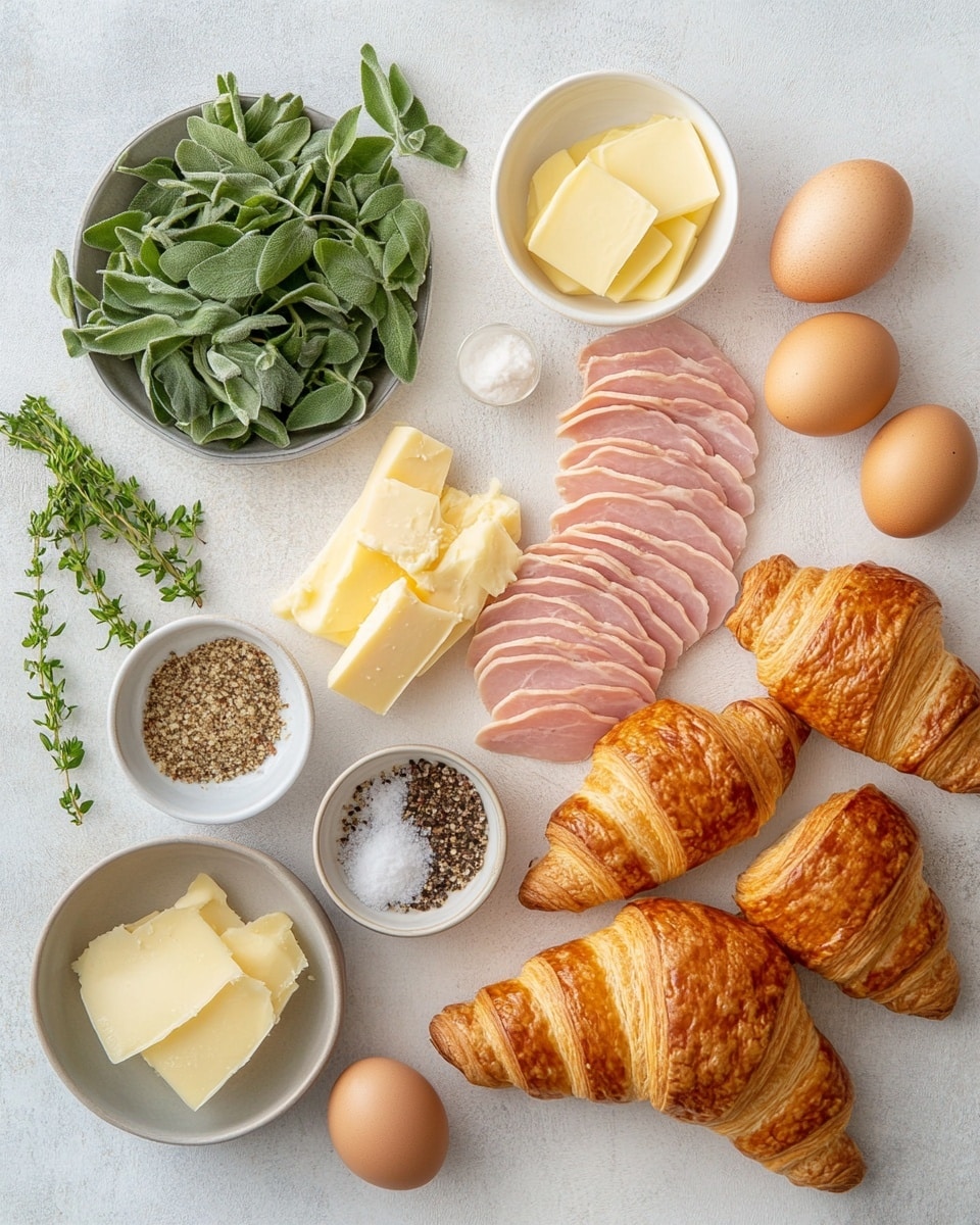 The dish is a baked layered casserole in a white rectangular ceramic baking dish, filled with golden brown, crispy croissant pieces that are torn into large chunks layered unevenly. Between the croissant pieces, there are soft, shiny slices of pink ham tucked inside and melted creamy white cheese that bubbles up and browns in places. Scattered on top are small green onion slices and fresh thyme leaves, adding green specks over the browned, slightly textured surface. Some dark mustard seeds are sprinkled on top, adding tiny brown spots and texture. The dish is placed on a warm wooden surface with a small white bowl of chopped green onions and a sprig of thyme nearby. Photo taken with an iphone --ar 4:5 --v 7