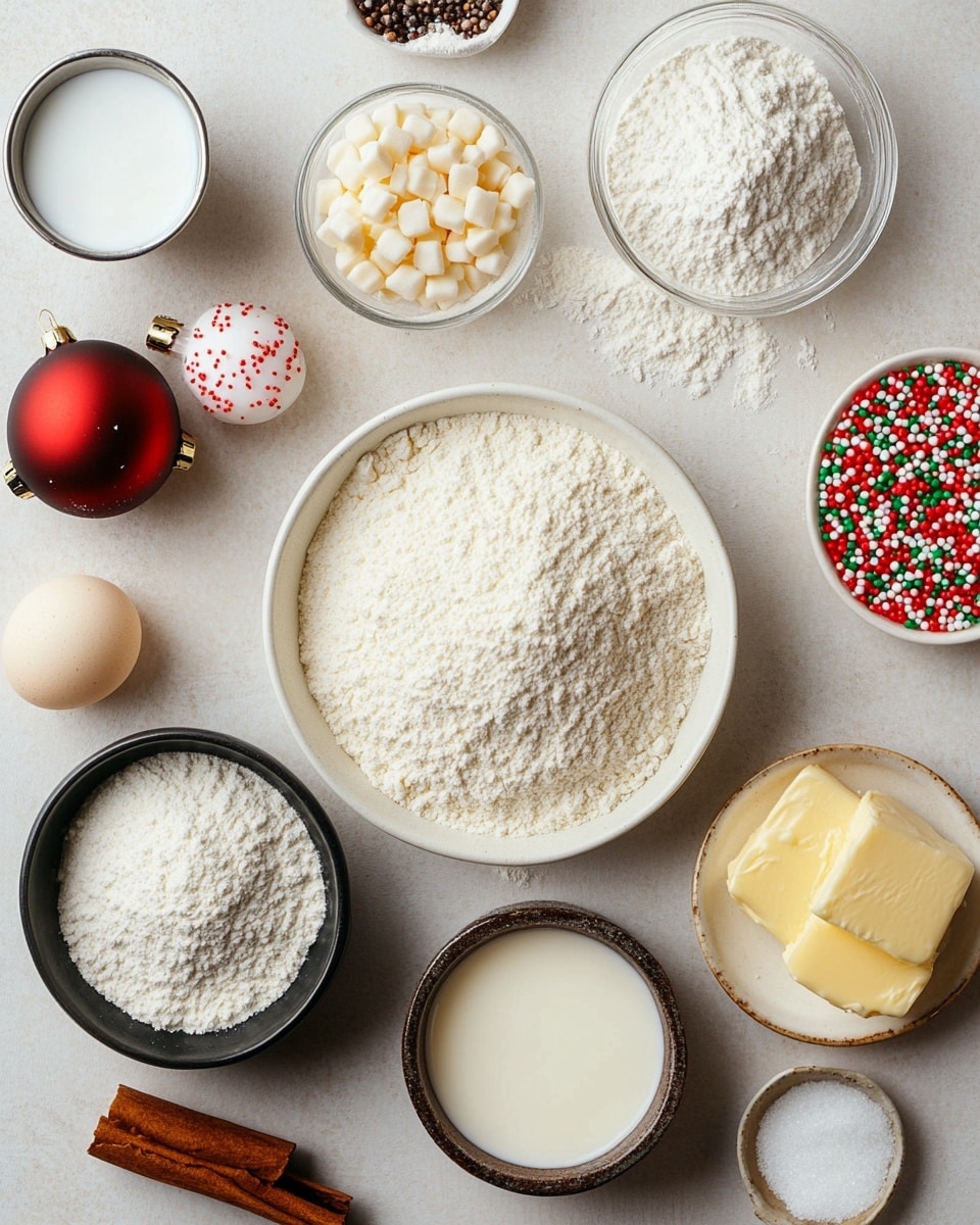 The image shows a stack of five round cookies with red and green sprinkles inside them, placed on a white plate with another cookie leaning on the stack. The cookies have smooth white icing drizzled on top, with some icing dripping down the sides. A few red, green, and white sprinkles are scattered around the base of the stack on the plate. The background has more white bowls and a white marbled surface, giving a clean and soft look. Photo taken with an iphone --ar 4:5 --v 7