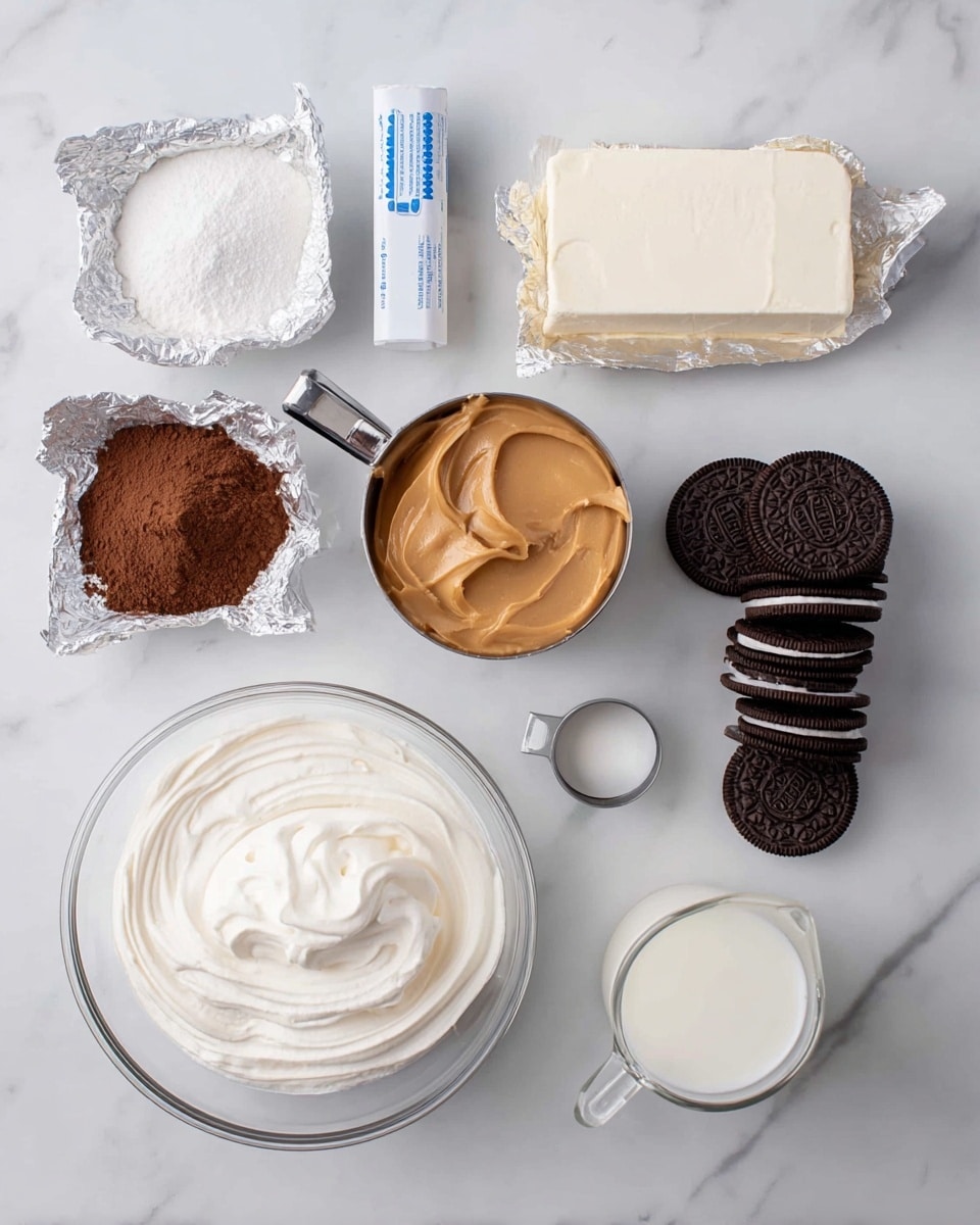 The image shows ingredients for a dessert laid out on a white marbled surface. There are many whole chocolate sandwich cookies stacked loose in the center. To the upper left, there are two small brown paper bags filled with cocoa powder. Below them, a small stick of butter is wrapped in paper. A half cup of smooth peanut butter placed in a metal measuring cup is near the cookies. To the upper center is a block of cream cheese on foil, and to the upper right is a glass jar filled with powdered sugar. At the bottom left, a white bowl holds a swirl of smooth white whipped cream. Finally, on the bottom right, a clear glass measuring cup contains white milk. photo taken with an iphone --ar 4:5 --v 7