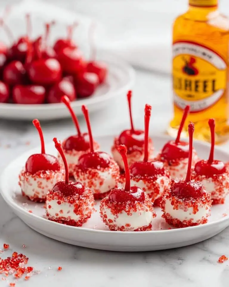 Fireball Cherry Bombs: Cinnamon Whiskey-Infused Maraschino Cherries with White Chocolate and Sprinkles Recipe