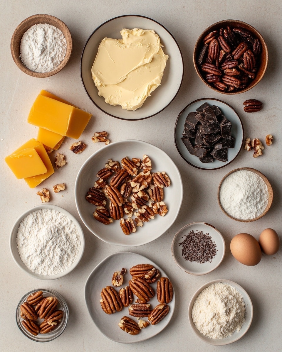 A white plate with a black rim holds a stack of round, light brown cookies each topped with a whole pecan in the center and sprinkled with chopped pecans on the surface. Around the plate are small white bowls, one holding more pecan pieces and another with a single cookie decorated with two pecans. A glass of milk with two black-and-white striped straws stands nearby on a white marbled surface. A black-and-white zigzag cloth is partially visible under the plate and bowls. photo taken with an iphone --ar 4:5 --v 7