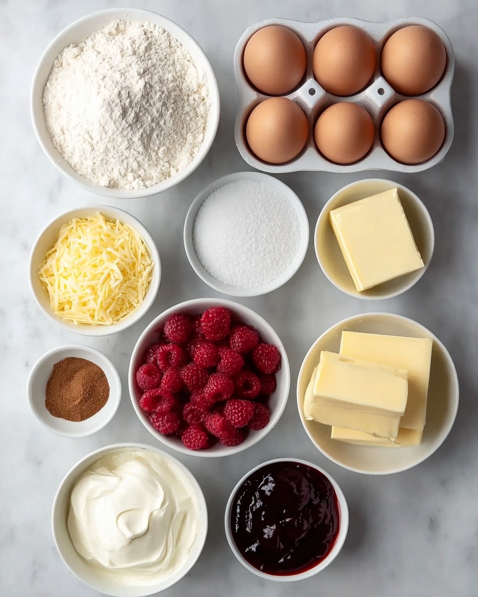 The image shows several white bowls arranged neatly on a white marbled surface. In the top left, there is a large bowl filled with white flour. To its right, a white egg tray holds eight brown eggs. Below the flour is a small white bowl with granulated sugar, next to a small bowl with shredded yellow cheese. Below the cheese are raspberries in a white bowl, and beside them, a bowl with cream cheese or butter, creamy and smooth. Near the center is a white bowl filled with thick white cream or sour cream. To the right is a glass bowl containing milk or cream. Near the bottom right, there is a pile of white blocks that look like cream cheese or butter in another white bowl. Finally, a small white bowl with brown powder or spice, and another bowl with dark jam completes the layout, all sitting on the white marbled surface. photo taken with an iphone --ar 4:5 --v 7