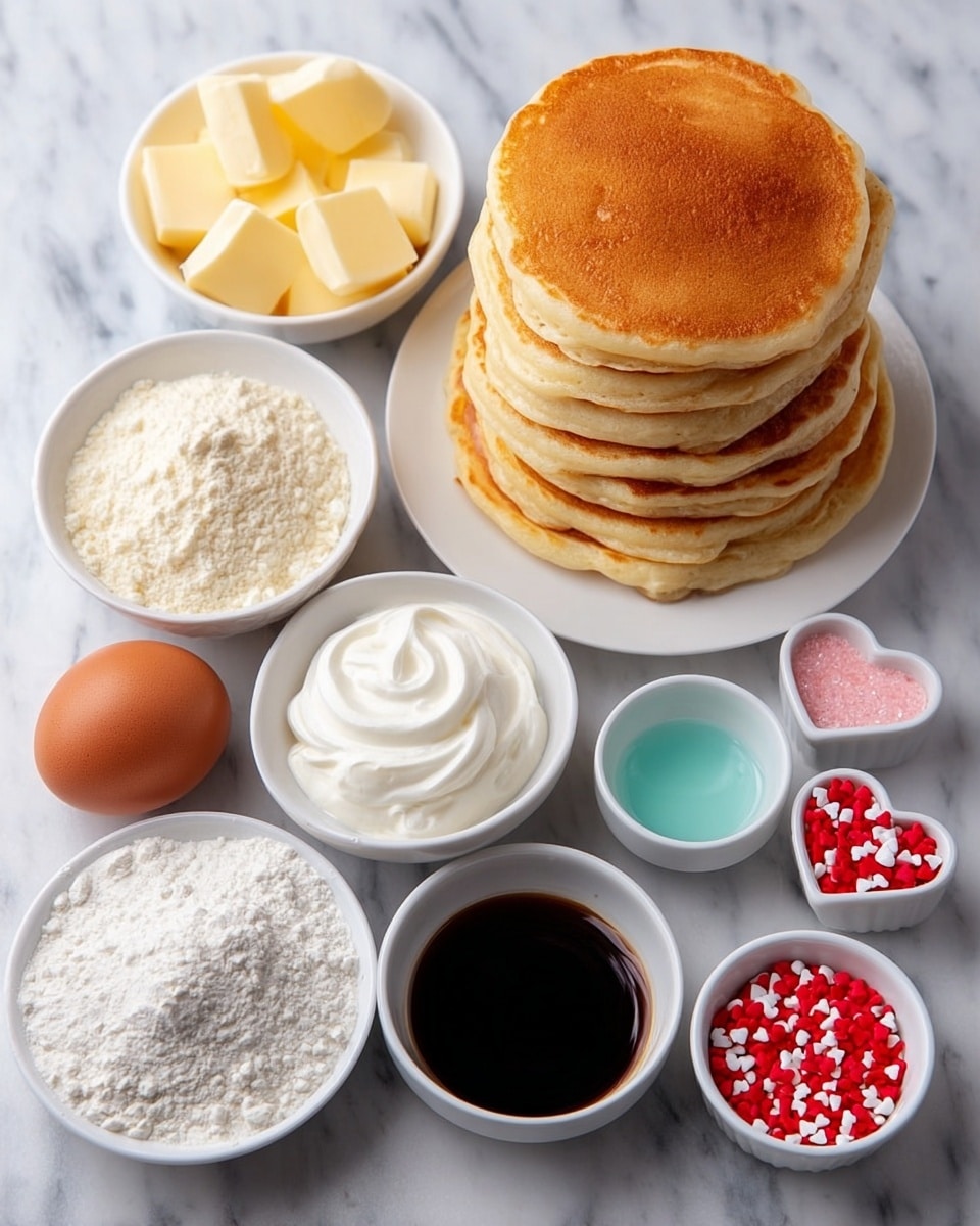A stack of eight golden brown pancakes sits on a white plate on the left side, showing soft and fluffy edges with a smooth top. Surrounding it are small white bowls holding different ingredients: two pale yellow butter sticks in one bowl, thick white cream in another, a bowl filled with fine white flour, and a small bowl with white powdery sugar nearby. A larger white mug filled with milk is placed behind the butter, with a small cup holding a bright blue liquid beside it. There is also a bowl with dark syrup and a raw brown egg resting on the white marbled surface. A small bowl filled with red and white heart-shaped sprinkles adds a pop of color near the bottom left corner. The whole setup is on a white marbled background. photo taken with an iphone --ar 4:5 --v 7