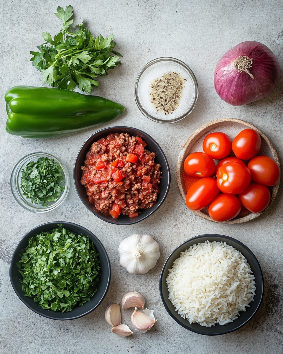 The image shows a large white pot filled with a thick, colorful stew made of cooked white rice, small pieces of browned meat, diced red and green bell peppers, and crushed tomatoes all mixed in a rich reddish-orange broth. The stew has a slightly glossy texture, with herbs like chopped parsley sprinkled evenly on top, adding green highlights. A wooden spoon is partially submerged on the left side, suggesting the stew is being stirred. The pot rests on a white marbled surface with fresh green parsley in the background. Photo taken with an iphone --ar 4:5 --v 7