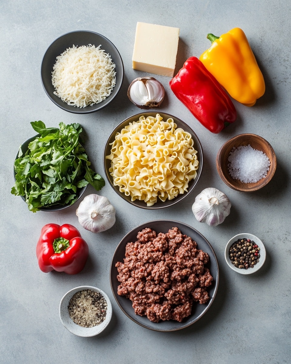 A close-up of a white pan filled with baked pasta that has three main layers: a bottom layer of small curled pasta with bits of red bell pepper and mushrooms showing through, a middle layer of creamy pale yellow sauce mixed with vegetables, and a top layer of melted light golden cheese that is bubbly and slightly browned in spots, sprinkled lightly with chopped green herbs. In the background, there is a small white bowl with fresh green herbs and a part of white stacked plates on a white marbled surface. Photo taken with an iphone --ar 4:5 --v 7