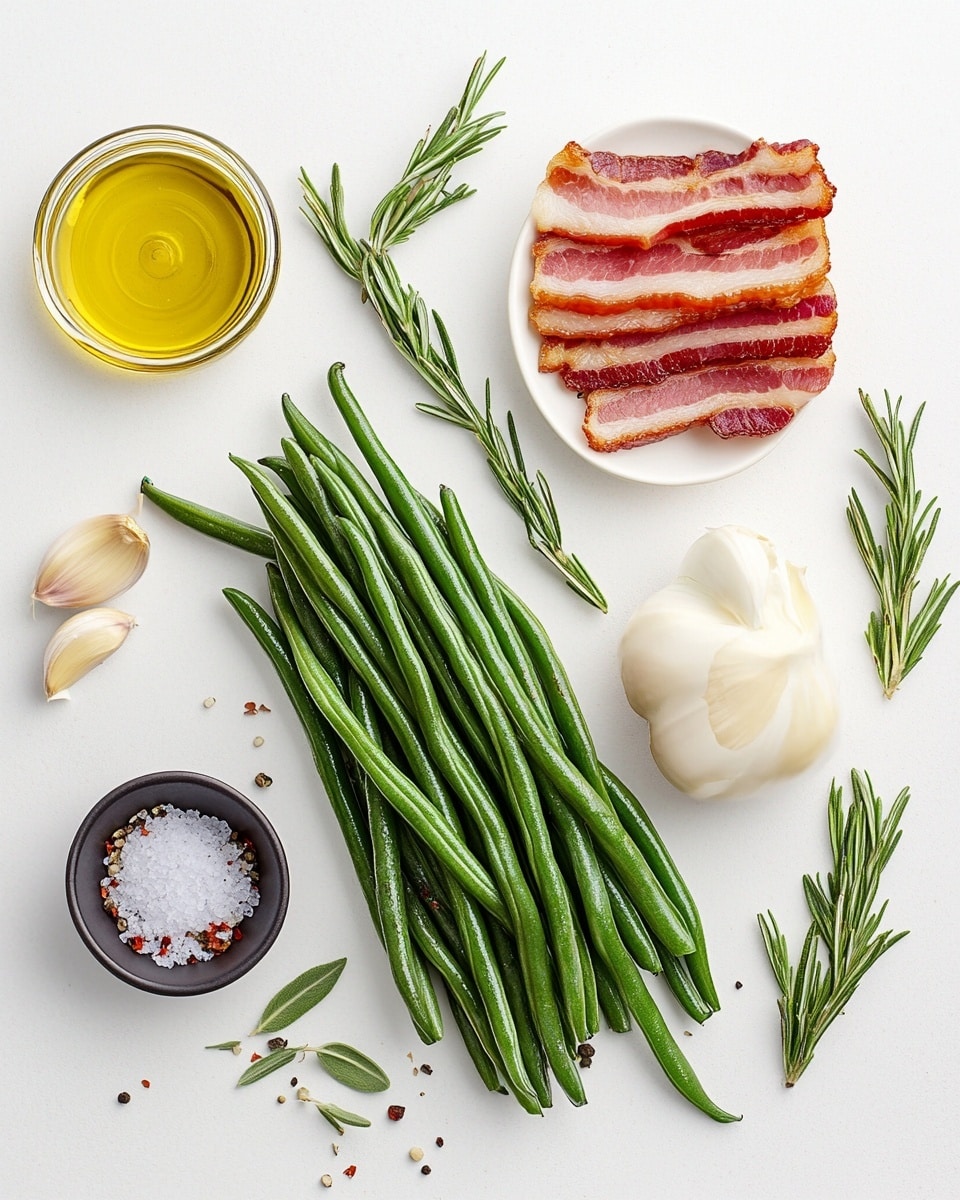The image shows a white rectangular plate with a decorative pattern, holding eight bundles of green beans arranged in a row. Each bundle of vibrant green beans is wrapped tightly with a strip of cooked brown bacon. The bacon has a slightly crispy texture with visible seasoning. The plate rests on a crumpled blue and white patterned cloth, placed on a white marbled surface. A silver fork lies to the right side of the plate, partially resting on the cloth. The scene is brightly lit, highlighting the fresh green of the beans and the golden-brown of the bacon. Photo taken with an iphone --ar 4:5 --v 7