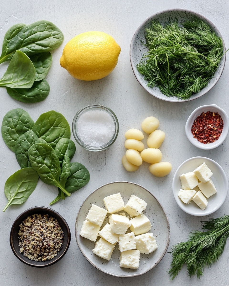 A black skillet filled with golden brown small gnocchi pieces evenly mixed with vibrant dark green wilted spinach leaves and scattered white chunks of soft cheese. There are light beige pine nuts sprinkled all over, with small pieces of red chili spread throughout. The skillet handle is visible with a bright blue color, and the skillet rests on a white marbled surface. The dish looks warm, textured, and colorful, with a mix of crispy and soft elements. photo taken with an iphone --ar 4:5 --v 7