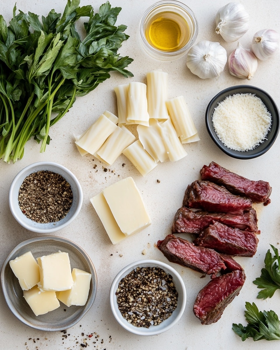 The dish is served in a white bowl filled with three layers: the bottom and middle layers are rigatoni pasta coated in a creamy orange sauce with small green herb bits scattered throughout, giving a glossy and textured look; on top, there is a layer of browned, juicy beef cubes with a caramelized outside, arranged in the center. The bowl rests on a white marbled surface. photo taken with an iphone --ar 4:5 --v 7