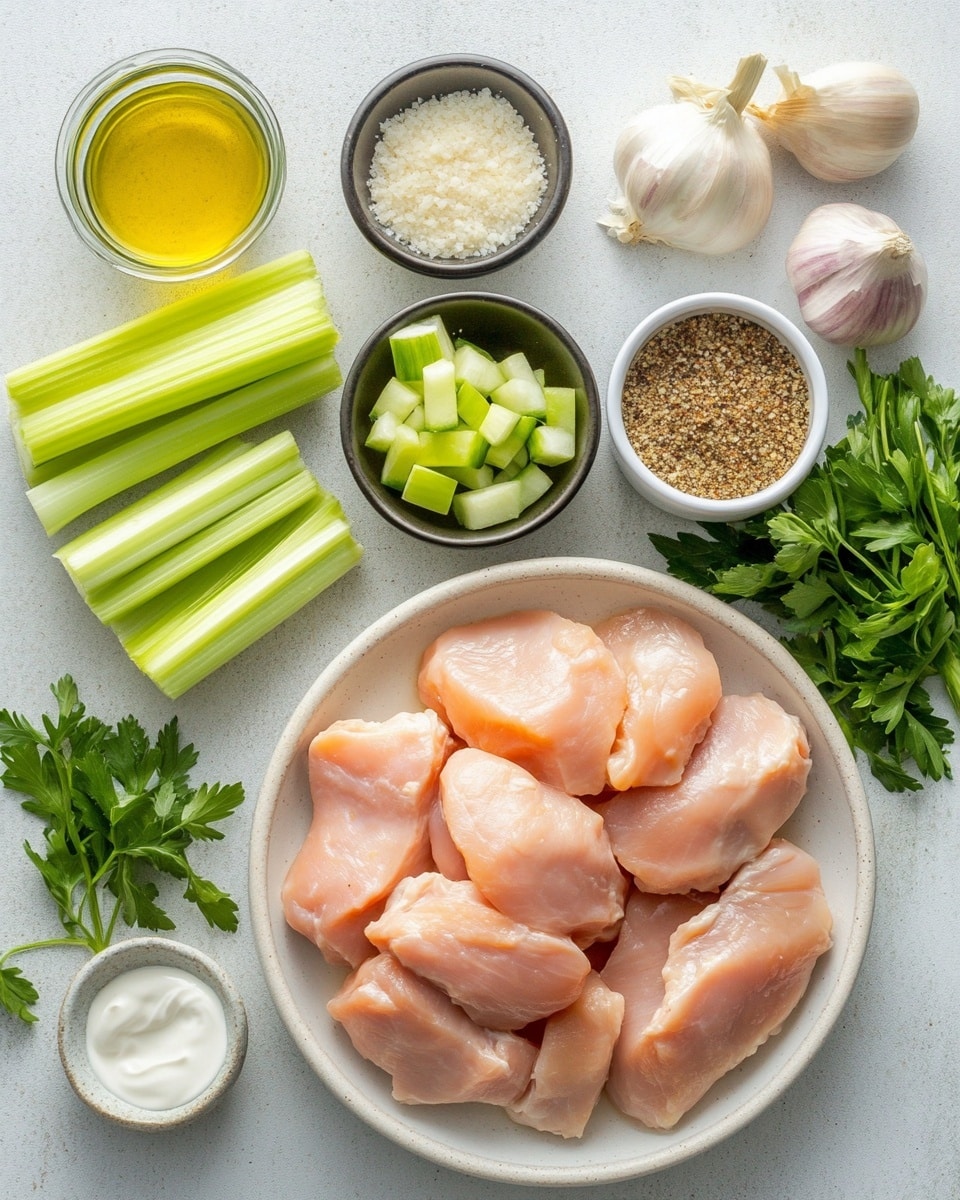 The image shows four browned chicken pieces in a white pan, each piece covered partially with a creamy beige sauce. The sauce has small chunks of green vegetables and herbs sprinkled on top. The chicken has a textured, cooked surface with a slightly charred look, contrasting with the smooth, thick, light-color sauce. Fresh chopped green herbs are scattered on the chicken and sauce, adding a touch of color. The pan rests on a white marbled surface. Photo taken with an iphone --ar 4:5 --v 7