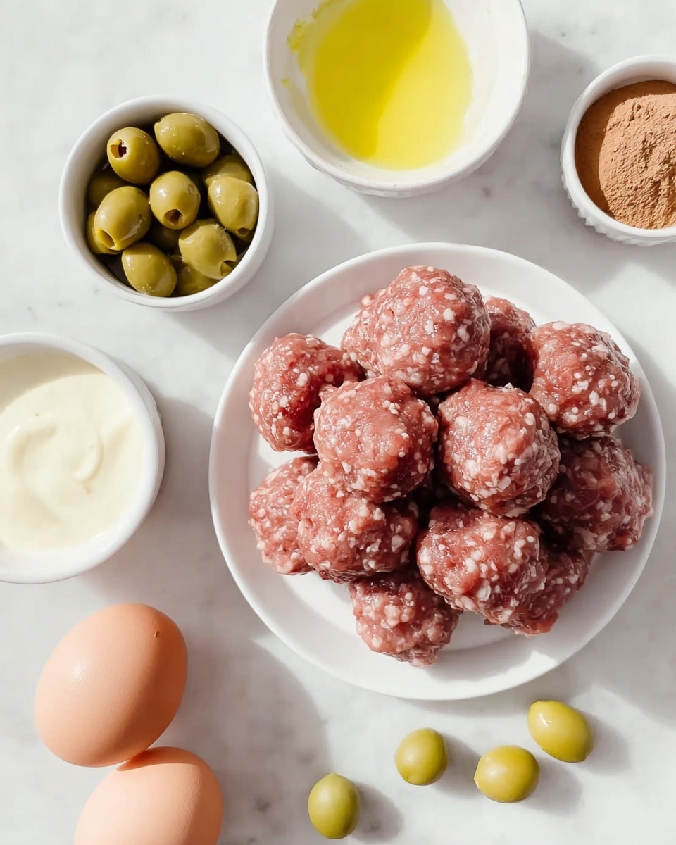 The image shows several raw meatballs, about 14, on a white plate at the bottom left side. At the top center, there is a white small bowl filled with a thick white sauce. To the top right, another white small bowl holds whole green olives. Below the olive bowl on the right side, there is a white bowl with a light yellow liquid. Below that bowl, there is a small white bowl filled with brown powdered spice. On the bottom right corner, there are two brown eggs resting directly on a white marbled surface. A few loose green olives are placed near the edge of the sauce bowl. The whole setup is on a white marbled surface. photo taken with an iphone --ar 4:5 --v 7