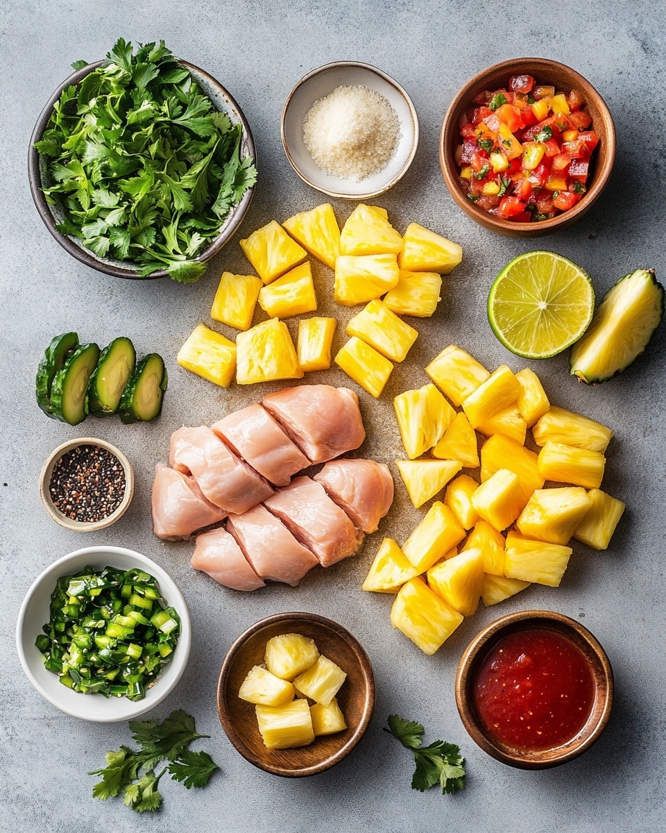 A white plate sits on a white marbled surface, filled with a base layer of white rice, topped with several pieces of dark brown, glazed chicken with a shiny texture. Scattered across the chicken and rice are small yellow pineapple cubes and green avocado pieces, adding color contrast. Fresh green thyme sprigs are placed on top as a garnish. To the left of the plate, there are two lime wedges and more thyme sprigs, enhancing the fresh look. Photo taken with an iphone --ar 4:5 --v 7