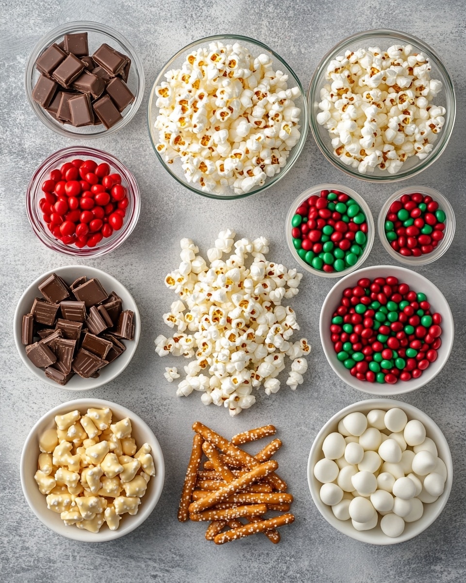 This image shows a close-up of a festive popcorn mix. It has several layers, starting with white popcorn pieces that are coated with a white, creamy layer. Scattered throughout are small red and green round candies. Light brown pretzels with a shiny surface are mixed in evenly. The popcorn and other ingredients are topped with small red, green, and white round sprinkles that add bright color and texture all over. The background is a white marbled texture. photo taken with an iphone --ar 4:5 --v 7