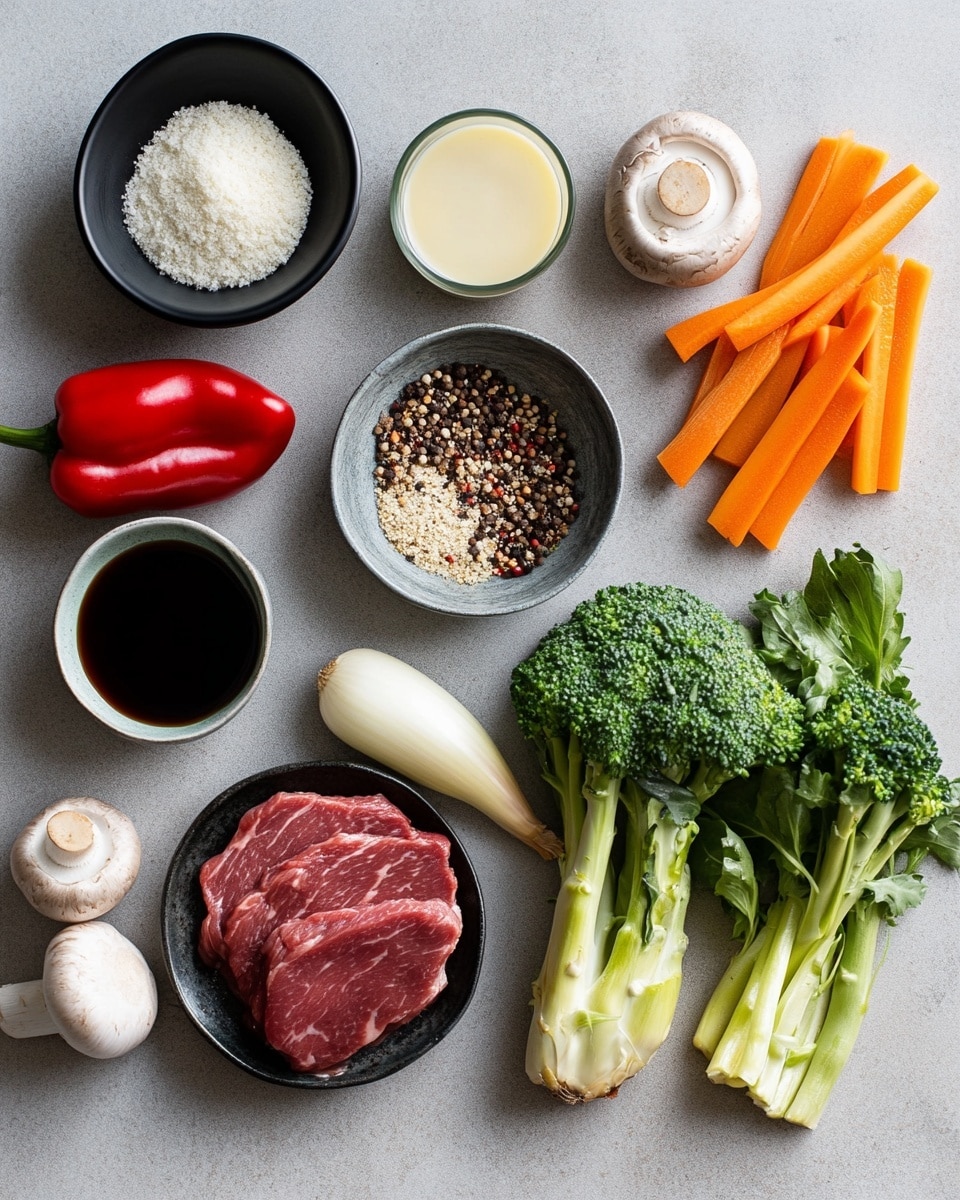 The image shows a white metal pot filled with a colorful stir-fry dish. The bottom layer is light brown noodles that are twisted and tangled throughout the pot. On top of the noodles are many pieces of brown cooked beef, with a shiny, slightly oily texture. Scattered between the beef and noodles are bright green snap peas and broccoli florets with a rough texture. There are also thin orange carrot sticks, white translucent onion chunks, red bell pepper pieces, and sliced brown mushrooms, all mixed evenly. The pot is placed on a white marbled surface with a few chopped green onions scattered nearby. photo taken with an iphone --ar 4:5 --v 7