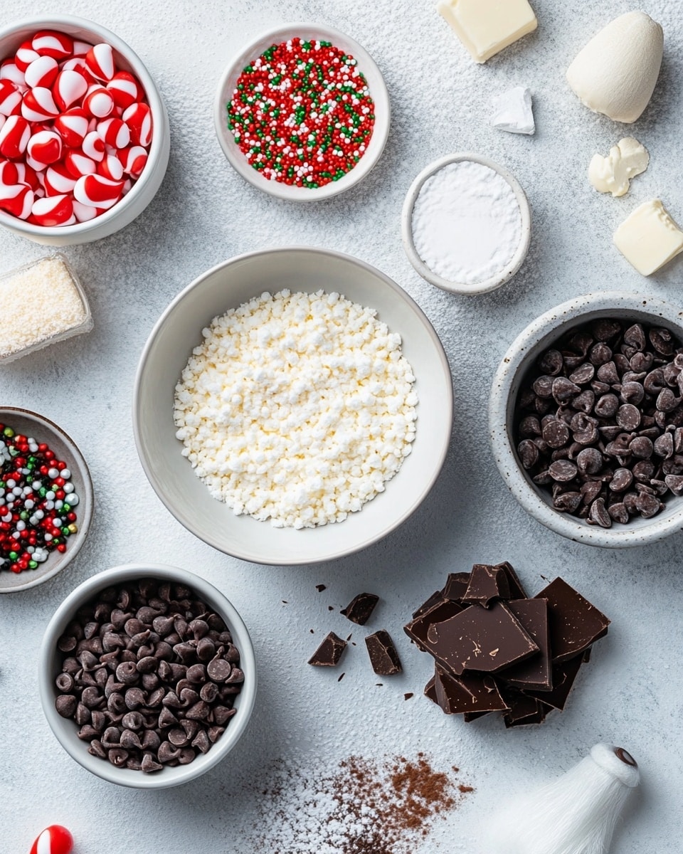 The image shows several pieces of thick, square-shaped chocolate fudge stacked on a white marbled surface. Each fudge piece is dark brown and dense with a smooth texture on the sides and slightly textured edges. The top layer of the fudge is decorated with festive red, green, and white sprinkles including small round dots and thin cylindrical shapes, along with a few white snowflake-shaped sprinkles. One piece on top has a bite taken out of it, revealing a moist and soft inside with a slightly rough texture. Some sprinkles are scattered around on the surface, adding a colorful contrast to the rich chocolate tone. photo taken with an iphone --ar 4:5 --v 7
