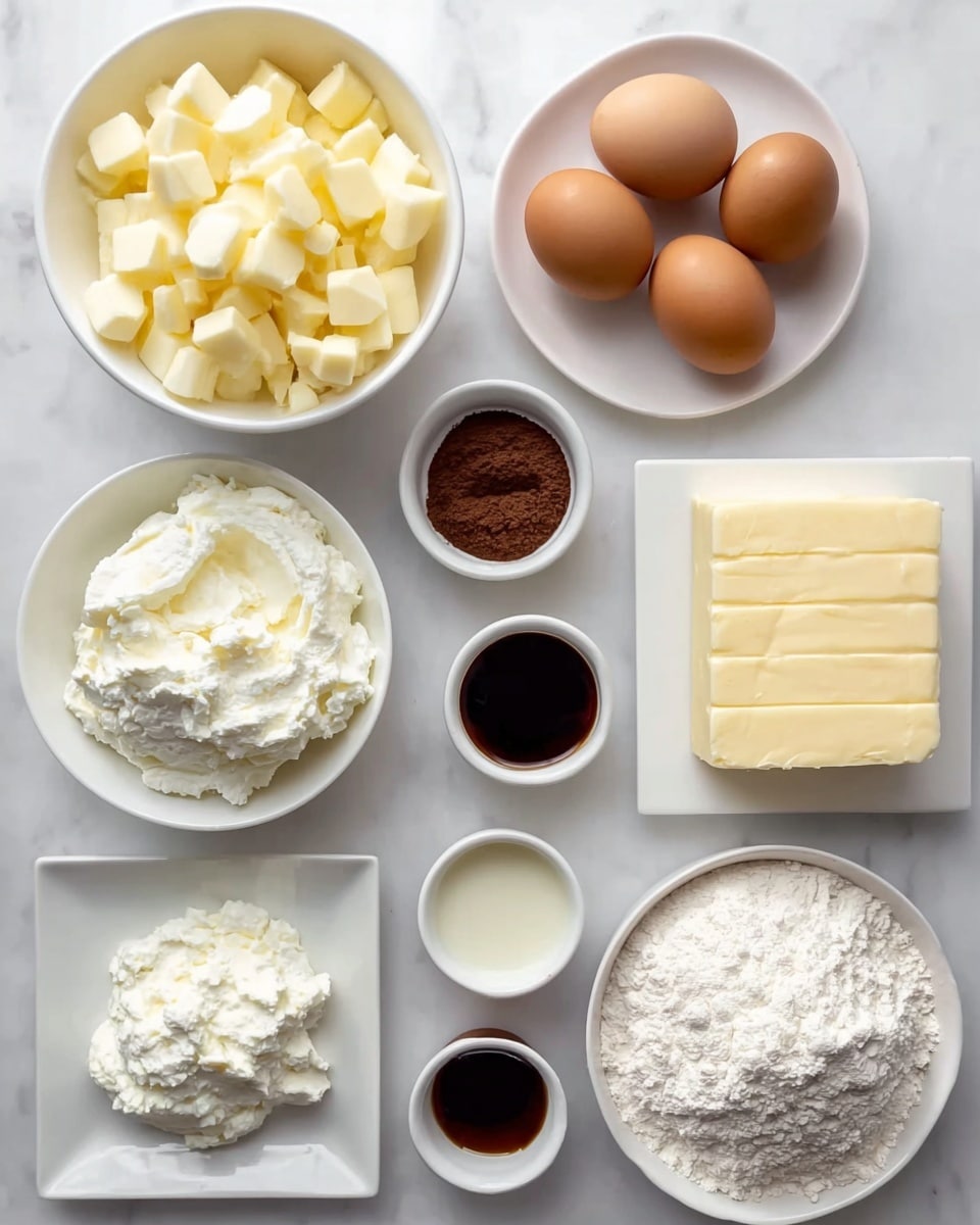 The image shows a top view of nine white bowls and plates arranged on a white marbled surface. In the top left, a bowl is filled with pale yellow cubes. To its right, a white plate holds four brown eggs. Below the cubes, a rectangular white plate holds a stick of light yellow butter with faint cut lines. Next to it, three small white bowls are lined up vertically: the top one contains light brown granulated sugar, the middle one has white granulated sugar, and the bottom one has dark brown powdered spice. To the right of these, two more small white bowls sit vertically, with a dark brown liquid in the top bowl and a white creamy liquid in the bottom bowl. At the bottom left, a large white bowl is filled with a white soft cheese or cream. At the bottom right, a white bowl is filled with fine white flour. The composition is neat and well-lit. photo taken with an iphone --ar 4:5 --v 7