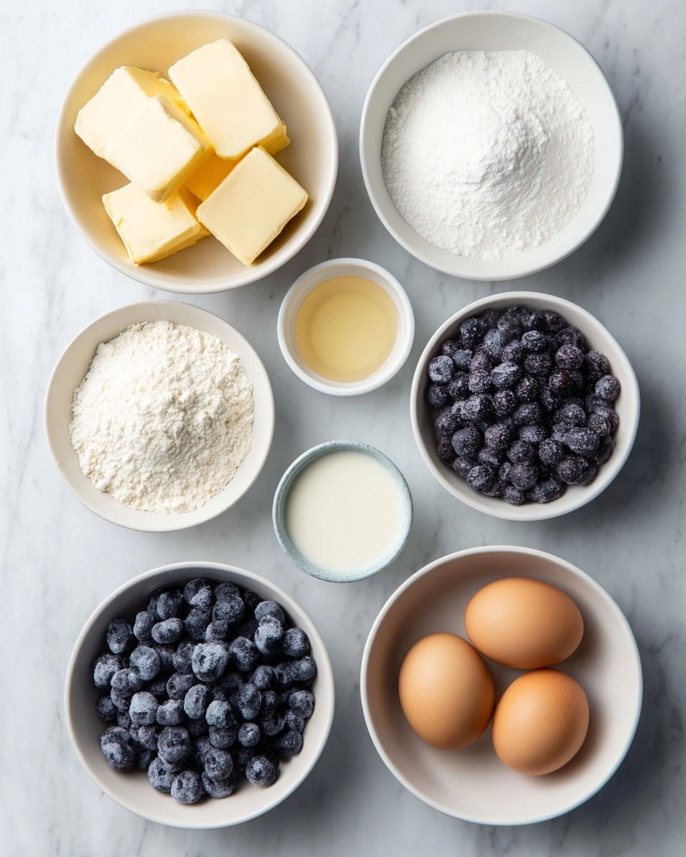 The image shows eight white bowls and two eggs neatly arranged on a white marbled surface. The top left bowl contains several cream-colored butter cubes stacked in a small pile. To the right is a bowl filled with fine white sugar that forms a small mound in the center. Below the sugar is a bowl with fresh blueberries that are dark blue and round. A smaller bowl with pale golden liquid, likely vanilla extract, sits near the center. Below it is a white bowl filled with a small amount of milk. To the right of the milk, two brown eggs rest on the surface, lying side by side. Near the bottom left is a bowl overflowing with white flour, piled high in a loose mound. The bottom right features another bowl full of fresh blueberries, similar in size and color to the first. The arrangement is clean and orderly with a soft natural light. Photo taken with an iphone --ar 4:5 --v 7