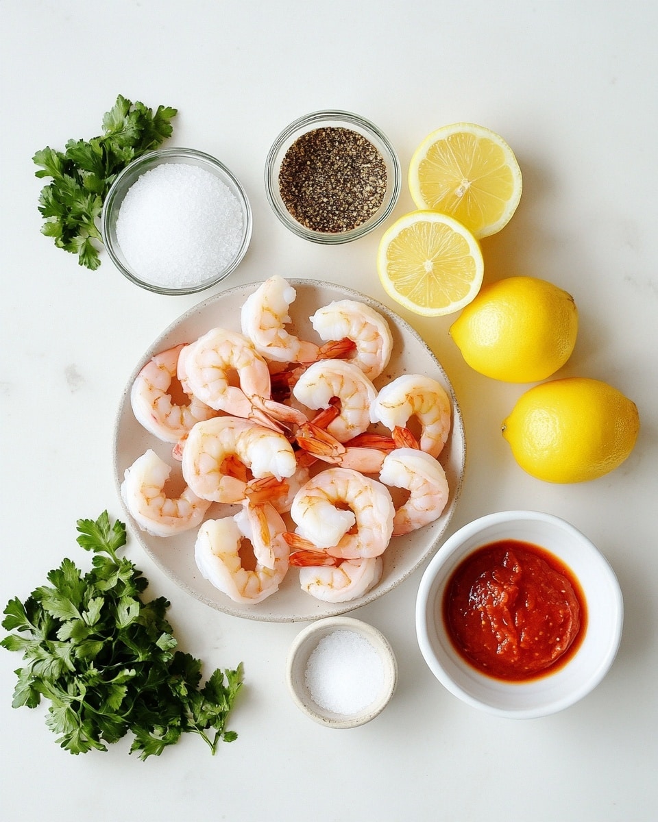 A white round plate filled with two layers of pink and white shrimp arranged in a circle on top of clear ice cubes. In the center of the plate, there is a small white cup filled with thick, dark red cocktail sauce with a silver spoon resting inside. On the top right side of the plate, there are green parsley sprigs adding a fresh touch. Around the plate, on a white marbled texture surface, there are three lemon wedges showing their bright yellow flesh. Photo taken with an iphone --ar 4:5 --v 7