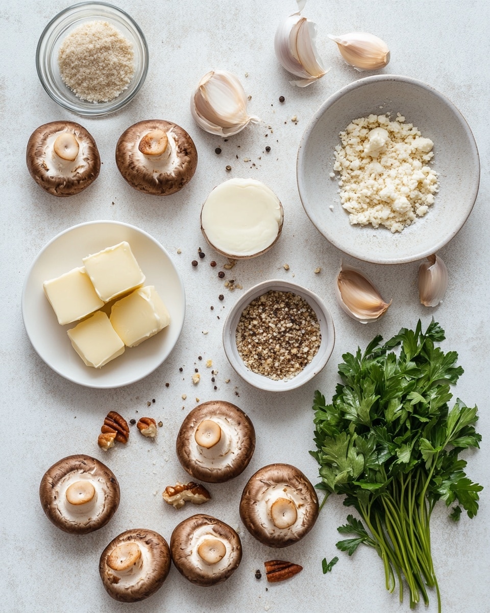 The image shows a tray full of stuffed mushrooms, each with two main layers. The bottom layer is a dark brown mushroom cap with a textured surface. The top layer is a creamy, off-white filling mixed with small green herbs and bits of chopped nuts, which add a crunchy texture. Each filling mound is slightly rounded and piled high on the mushroom caps. The mushrooms are arranged closely on a metal tray with some cooking juices around them. The background is a white marbled texture. photo taken with an iphone --ar 4:5 --v 7