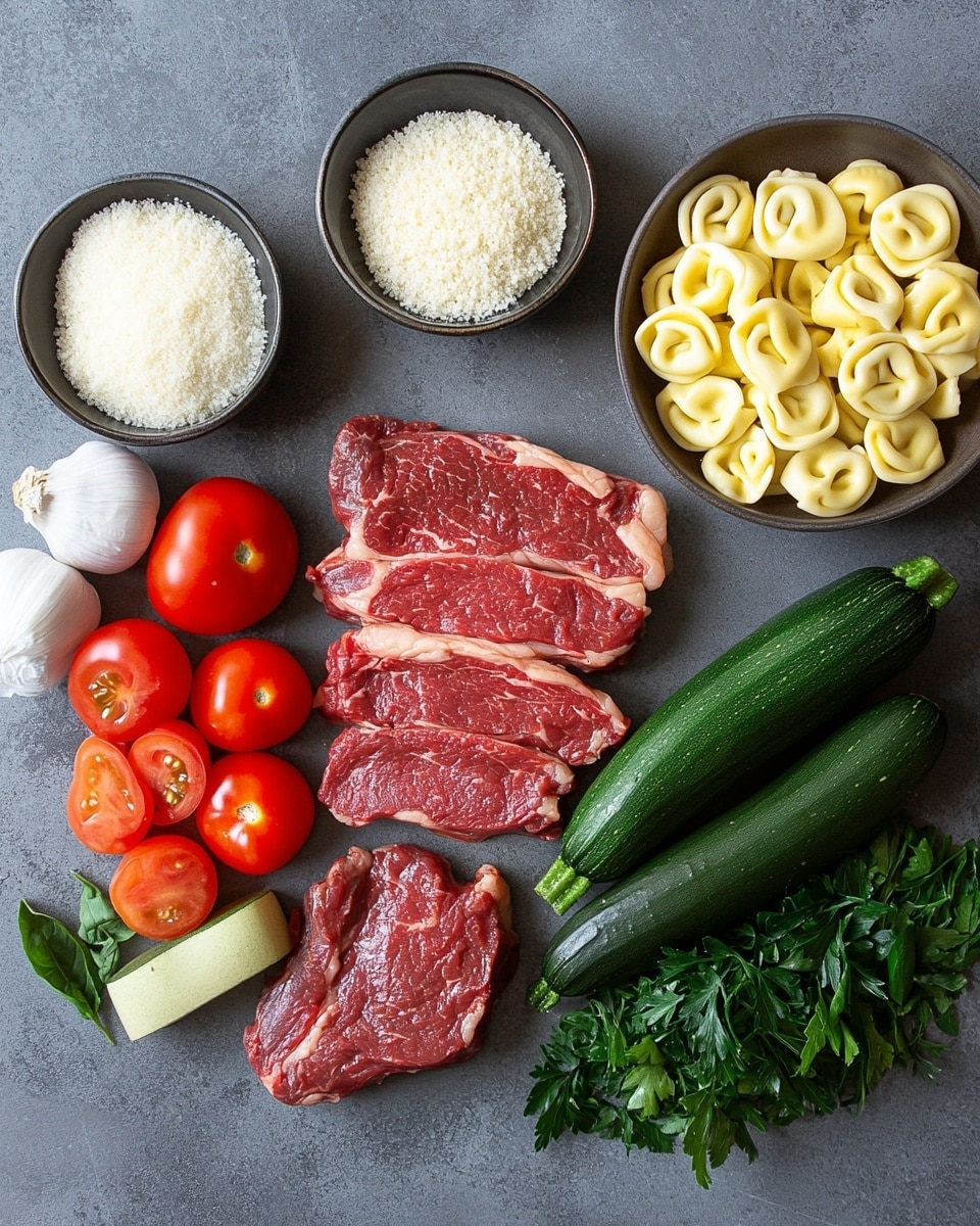 This image shows a close-up of two plates filled with a pasta and meat dish on a white marbled surface. The front plate has a black and white checkered pattern and holds one layer of yellow tortellini pasta mixed with browned beef chunks, red cherry tomatoes, and grilled green zucchini slices. The pasta has a slightly shiny, cooked texture with some white grated cheese sprinkled on top. The beef pieces are browned and appear tender with a rough surface. Cherry tomatoes are whole and bright red, scattered evenly throughout. Behind it, there is a plain white rectangular plate filled with a similar mix of the same ingredients, showing a thick layer of beef cubes, tortellini, cherry tomatoes, and zucchini, all mixed closely together. The lighting is natural, coming from the left, highlighting the food’s textures and colors well. Photo taken with an iphone --ar 4:5 --v 7