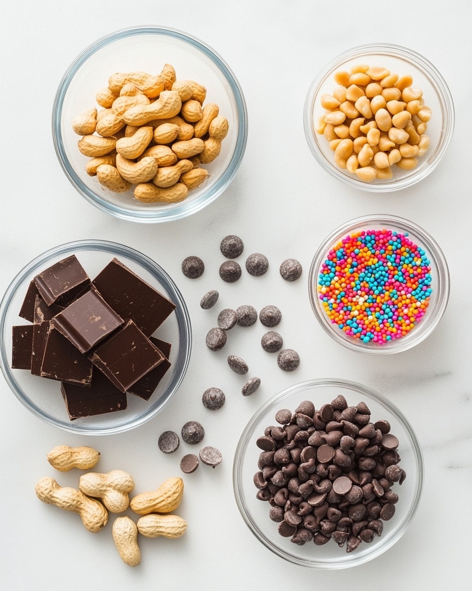 The image shows a close-up of several clusters of milk chocolate with a smooth, glossy texture, piled together in a white square dish with a red rim. Each chocolate piece has uneven, rounded shapes with small bumps and crevices, topped with tiny round sprinkles in red, white, and green colors scattered over the surface. The dish is set against a soft blurred background and placed on a white marbled surface. photo taken with an iphone --ar 4:5 --v 7