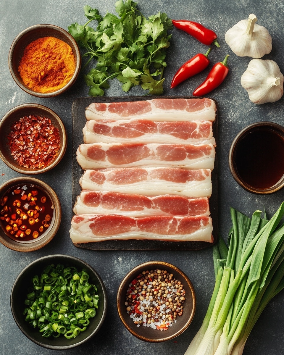 A silver pan filled with dark brown glazed pork cubes, shiny and coated in a thick sauce, topped with small green onion rings and bits of red chili, sits on a rough wooden surface. Next to the pan, there is a wooden bowl of light brown fried rice with yellow scrambled egg pieces mixed in. A silver spoon with some dark sauce and red chili rests above the pan. Small bowls with sliced green onions and red chilies are also on the wooden surface. A dark blue cloth napkin is underneath the pan handle. photo taken with an iphone --ar 4:5 --v 7