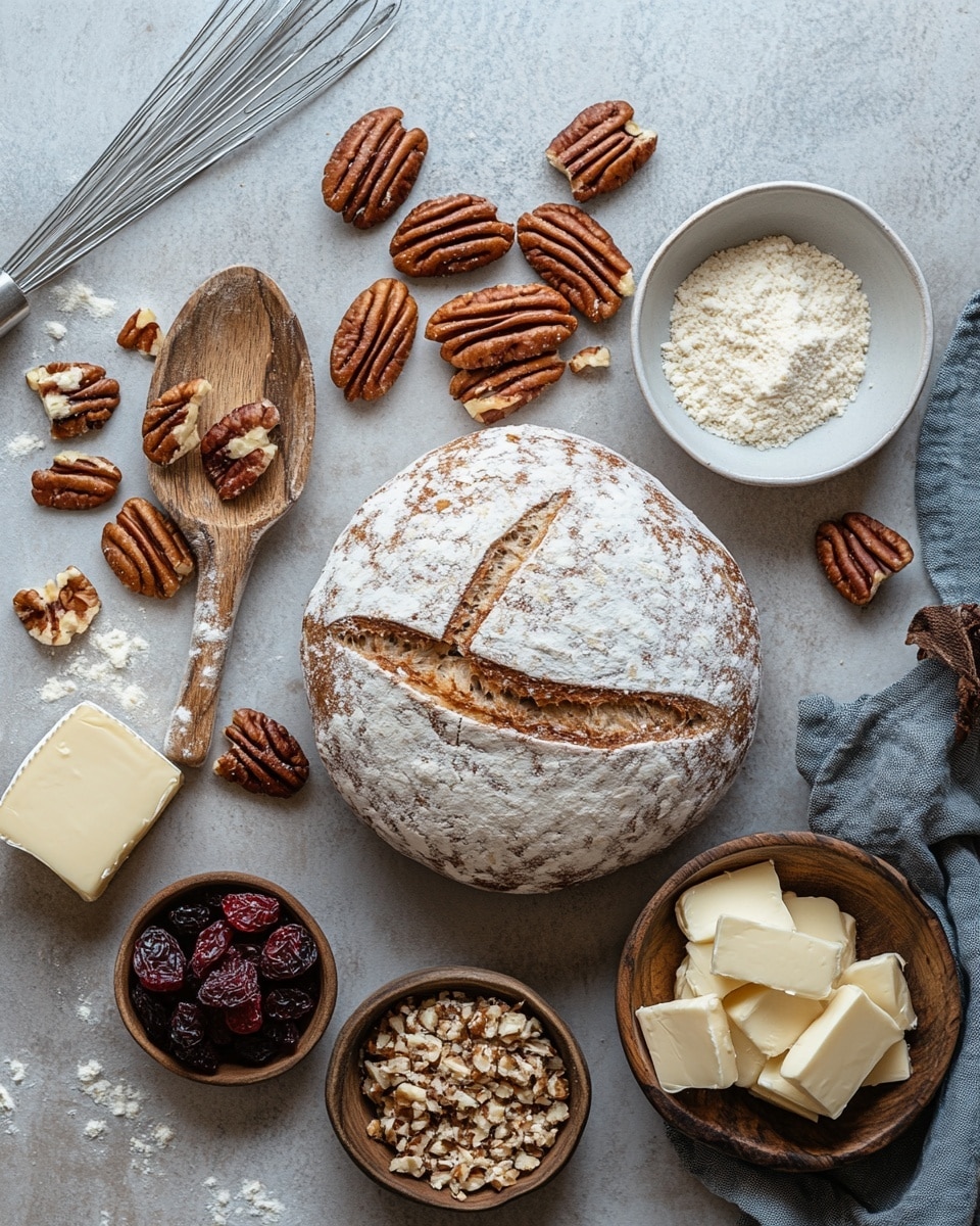 The image shows a white plate lined with parchment paper holding a round loaf of golden-brown bread cut into thick sections around the edges. Inside the bread, a layer of melted, creamy white cheese stretches as a woman's hand lifts a piece with a fork. There are small red dried berries and bits of nuts scattered on top of the bread and cheese, adding texture and pops of color. The background features soft, out-of-focus warm lights against a dark backdrop, creating a cozy atmosphere on a white marbled surface. Photo taken with an iphone --ar 4:5 --v 7