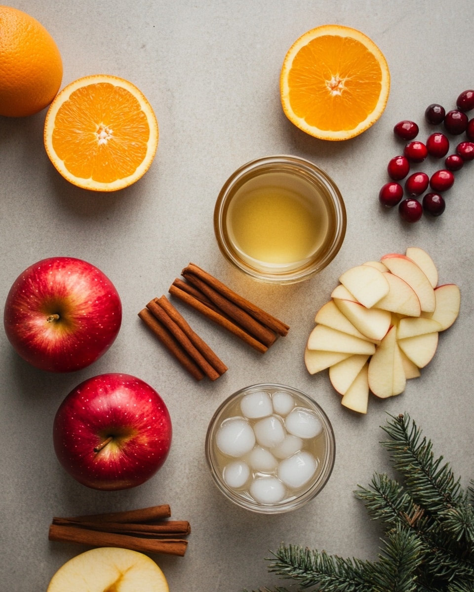 A clear glass pitcher filled with a drink showing three visible layers: the bottom layer is a warm amber liquid, the middle layer has thin slices of red apple with pale flesh, and the top layer is a mix of whole red cranberries and some more apple slices floating on the surface. A woman's hand is holding a light wooden spoon stirring the drink. The pitcher sits on a white marbled surface with a white tiled wall background. photo taken with an iphone --ar 4:5 --v 7