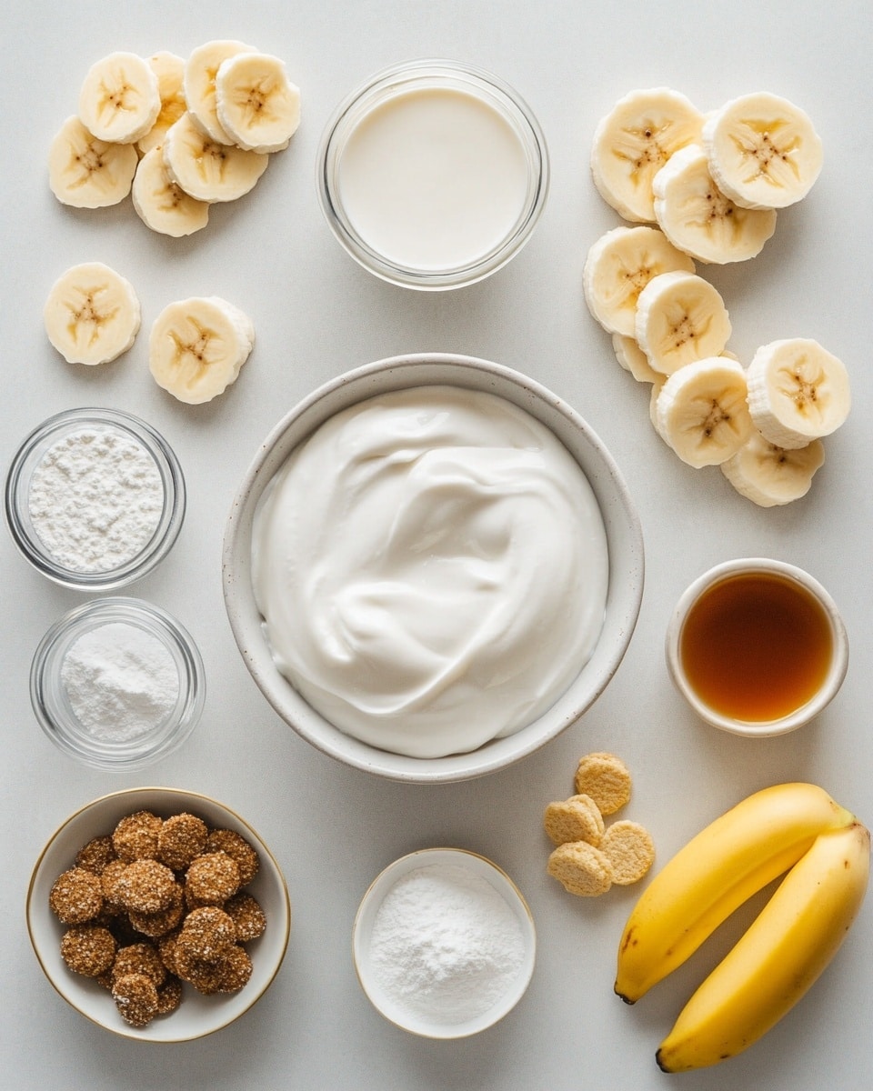 A clear glass trifle bowl shows a dessert with four thick layers of creamy white filling, each separated by a layer of light brown biscuits and thin curved banana slices. The top layer is a thick spread of the creamy filling, decorated with round banana slices and light brown crumbs sprinkled over it. The dessert sits on a white marbled surface, and the background is softly blurred. photo taken with an iphone --ar 4:5 --v 7