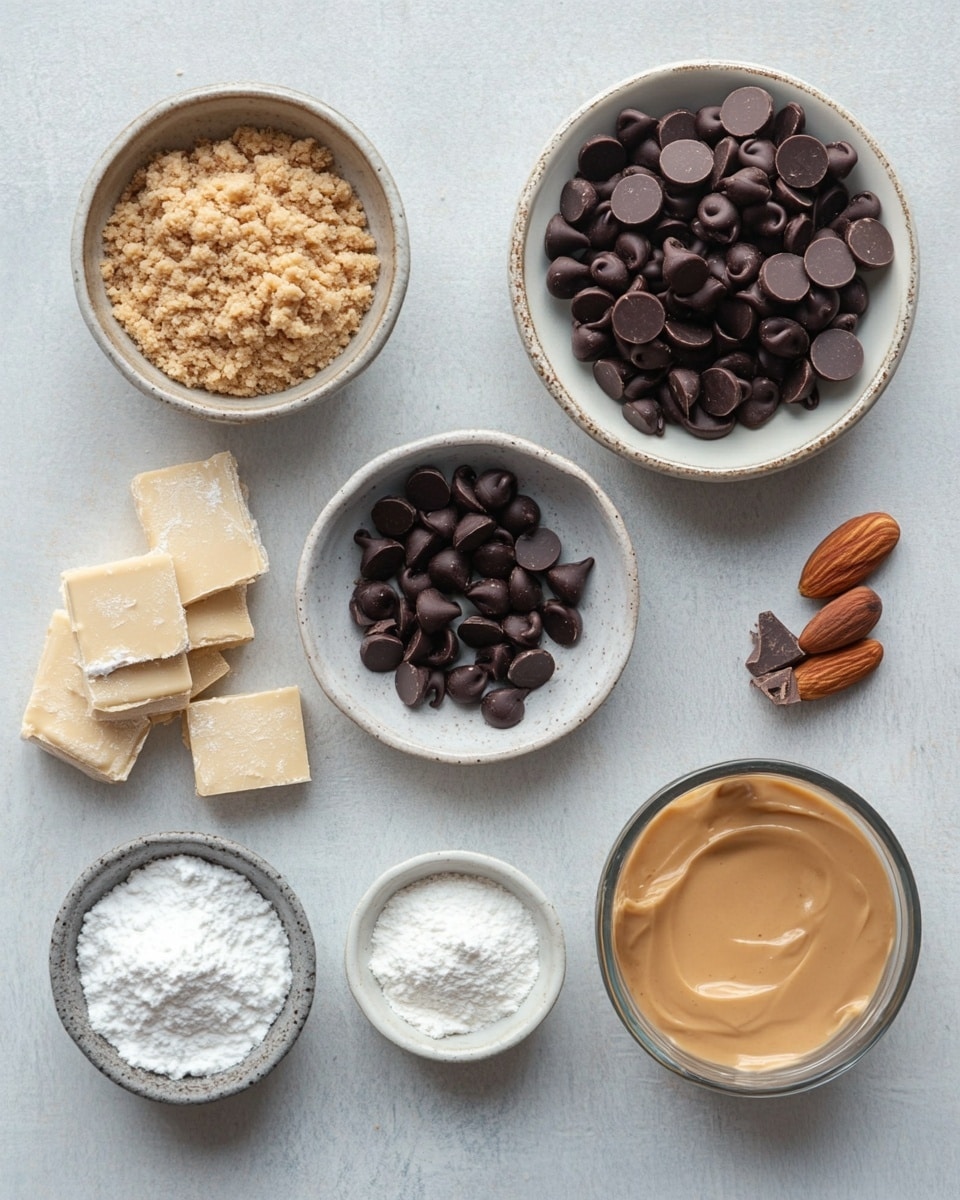 A slice of chocolate peanut butter pie is shown held above the full pie on a white marbled surface. The pie has three layers: a smooth, dark brown chocolate crust at the bottom, a thick, creamy peanut butter filling in the middle with a light brown color and slightly rough texture, and a shiny, even chocolate layer on top. The pie slice reveals the thick peanut butter layer surrounded by the chocolate crust, with a smooth chocolate top. In the background, there are blurred white bowls with peanut butter and chocolate chips, and stacked white plates with silver forks. photo taken with an iphone --ar 4:5 --v 7