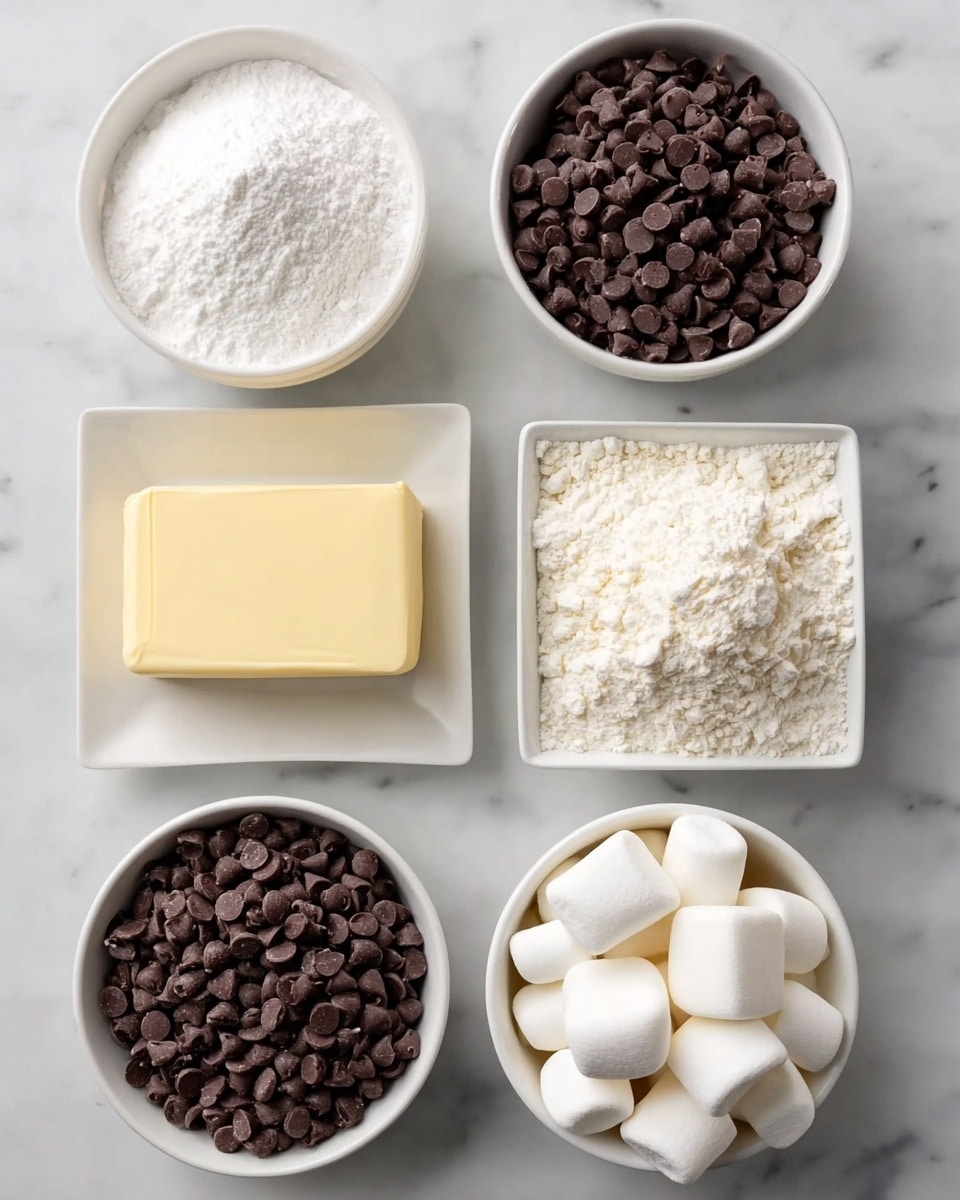 The image shows six white bowls and plates on a white marbled surface, each filled with different baking ingredients arranged in two rows and three columns. The top left round bowl contains a light, fluffy white powder, likely flour, with a smooth texture. Next to it on the top right is a round bowl filled with small, dark brown chocolate chips, shiny and dense, piled high. Below the flour, in the middle left, is a square white plate holding a thick, smooth, pale yellow block of butter, neatly shaped with slight texture on the sides. To the right of the butter, a square white bowl holds a similar white powder to the flour but looks more clumped. At the bottom left, another round white bowl holds more dark brown chocolate chips, identical to the ones above. The final bowl at the bottom right, round and white, is filled with white, soft marshmallows, puffy and square-shaped, filling the bowl generously. Photo taken with an iphone --ar 4:5 --v 7