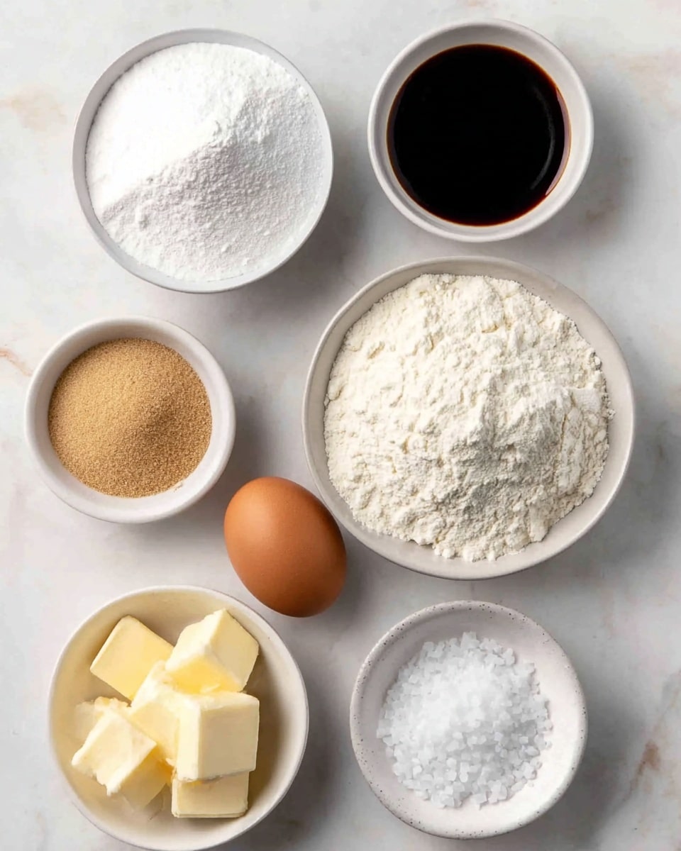 The image shows an overhead view of seven small white bowls placed on a white marbled surface, each holding a different baking ingredient. Starting from the top left, there is a bowl filled with white powdered sugar with a soft, fluffy texture, next to it on the right is a bowl containing dark brown soy sauce with a smooth liquid surface. Below the powdered sugar is a smaller bowl of light brown granulated sugar with a coarse grain texture. At the bottom left, there is a small bowl with a single brown egg, showing smooth shell texture. In the middle right, a larger bowl is filled with white flour that looks soft and powdery with some clumps. Below the egg, a bowl holds several pale yellow cubes of butter with sharp edges and smooth surfaces. In the bottom right is a bowl filled with coarse white salt crystals. All bowls are arranged neatly with enough space between them, and the photo has soft, even lighting. photo taken with an iphone --ar 4:5 --v 7