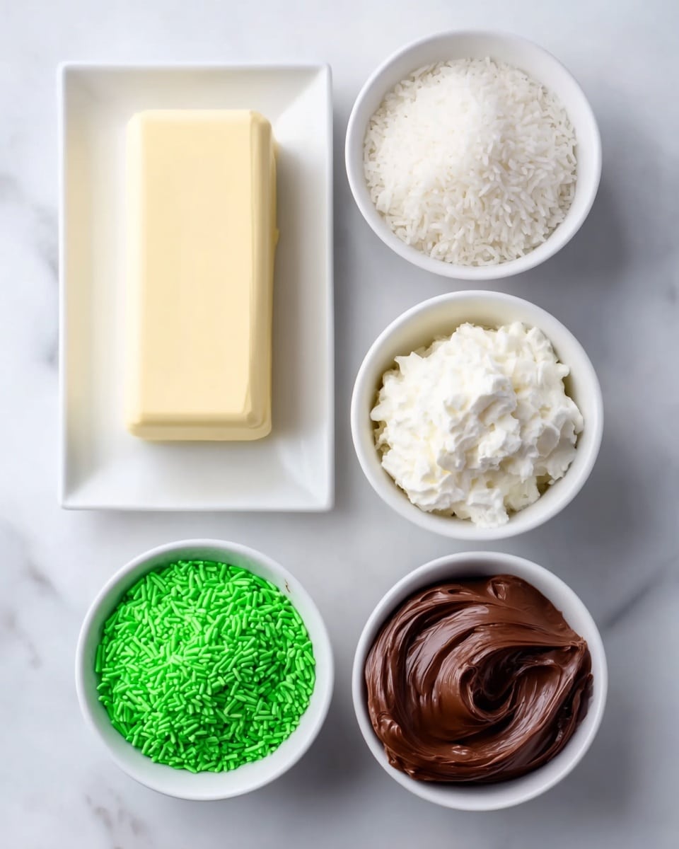 The image shows a white rectangular plate with a block of pale, smooth cream cheese in the center. Around the plate are four small white round bowls. The top left bowl is filled with white rice grains, and the top right bowl holds fluffy white cream cheese. Below, the bottom left bowl contains bright green sprinkles with a slightly textured look, and the bottom right bowl features glossy, dark brown chocolate frosting with swirling patterns on the surface. All items rest on a white marbled surface. photo taken with an iphone --ar 4:5 --v 7