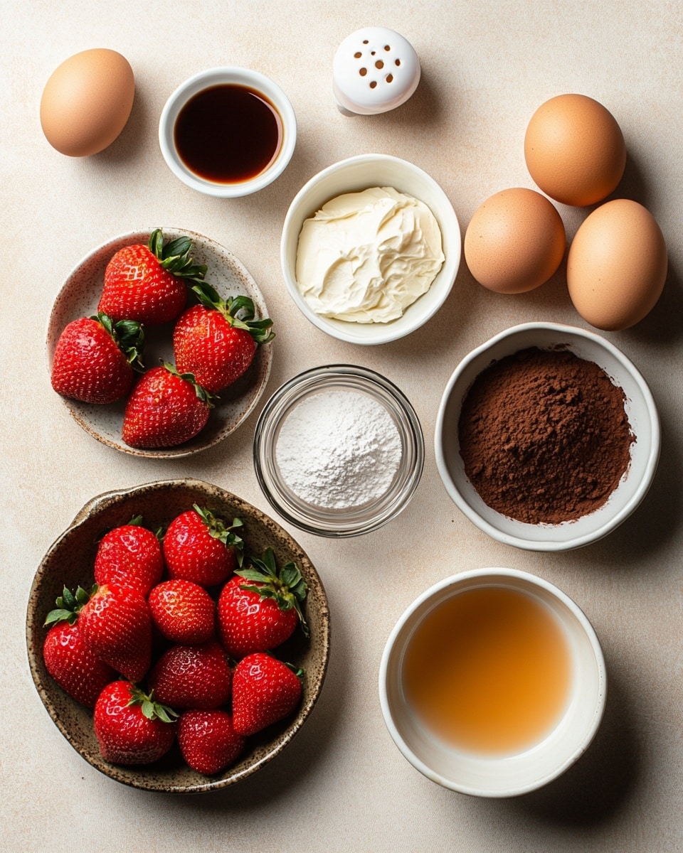 The image shows several small round chocolate cupcakes on a white marbled surface scattered with tiny red and silver sprinkles. Each cupcake has three layers: a dark brown textured chocolate base, a thick layer of white fluffy cream in the middle with some cream dripping slightly over the edge, and a bright red strawberry shaped like a Santa hat on top. The strawberry has a small white dollop at the tip and a white base layer of cream around it resembling the trim of a Santa hat. The cupcakes are closely placed in rows, filling the frame. Photo taken with an iphone --ar 4:5 --v 7