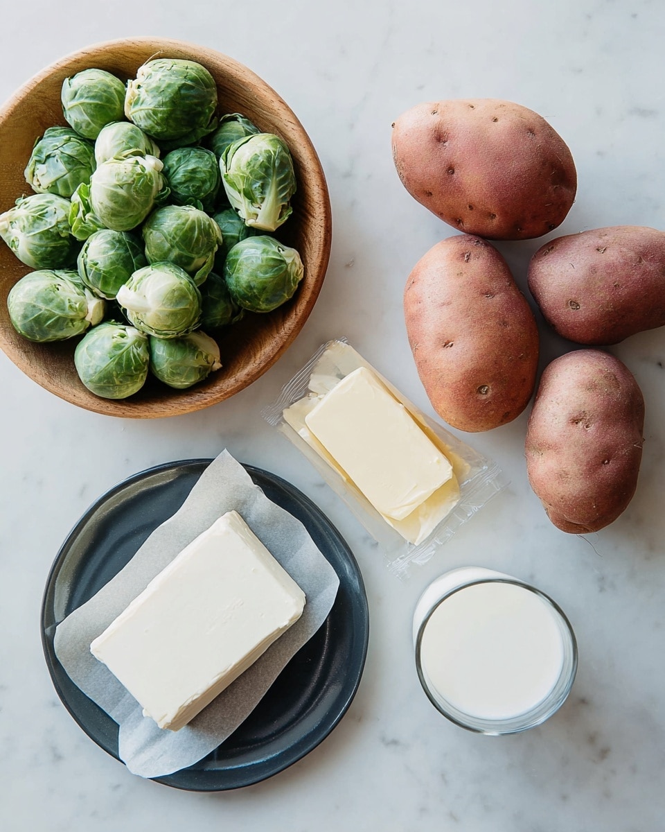 A round dish shows a creamy mashed potato layer with a slightly browned, swirled texture covering most of the surface. On top of the mashed potatoes, there is a layer of cooked green Brussels sprouts, some charred, mostly on one side, scattered with small crumbles of blue cheese. The dish is in a round skillet with light green handles, set on a dark wooden surface with loose Brussels sprouts and a small white bowl filled with whole Brussels sprouts nearby. Photo taken with an iphone --ar 4:5 --v 7