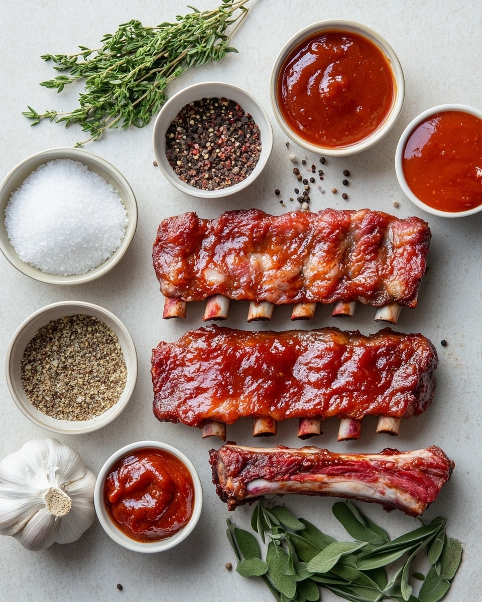A large white speckled oval plate holds a full rack of ribs covered in a thick, glossy dark brown sauce, positioned at the top left. In front of the rack, three rib pieces lie separated, showing tender, juicy meat inside glazed with the same sauce, with some sauce dripping on the plate. To the right of the ribs is a small white round container filled with rich, dark barbecue sauce. The background is a white marbled surface, and part of a white plate with a black patterned rim is visible at the edge. photo taken with an iphone --ar 4:5 --v 7