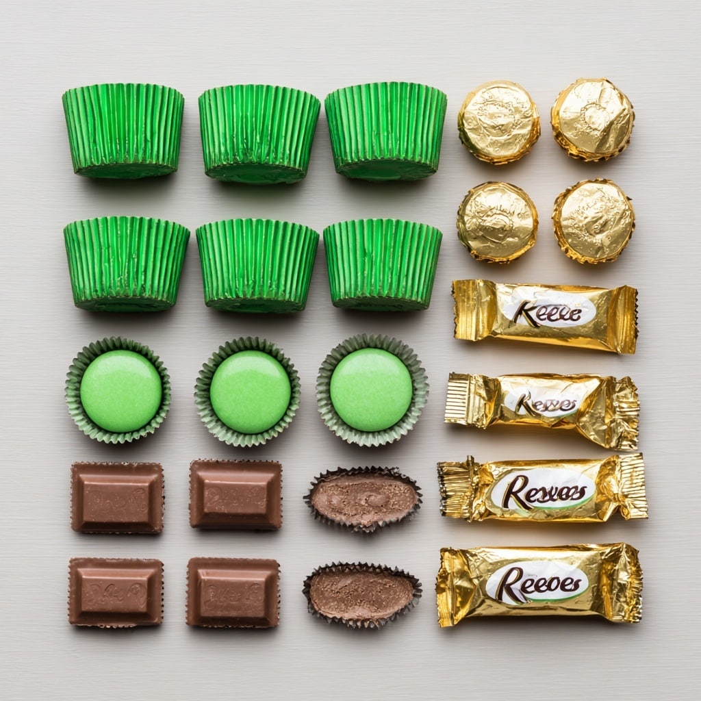The image shows multiple small treats shaped like Christmas trees arranged on a white marbled surface. Each treat has three green foil layers stacked on top of each other, with the top two layers forming the triangular tree shape and the bottom green layer wider. The base of each treat is a shiny gold foil wrapped cylinder. Each tree is decorated with a bright red bow topped with a small white pearl in the center. The foil has a slightly crinkled texture with some gold printed patterns on the green parts. The treats are scattered closely, some standing upright and others slightly tilted. photo taken with an iphone --ar 4:5 --v 7