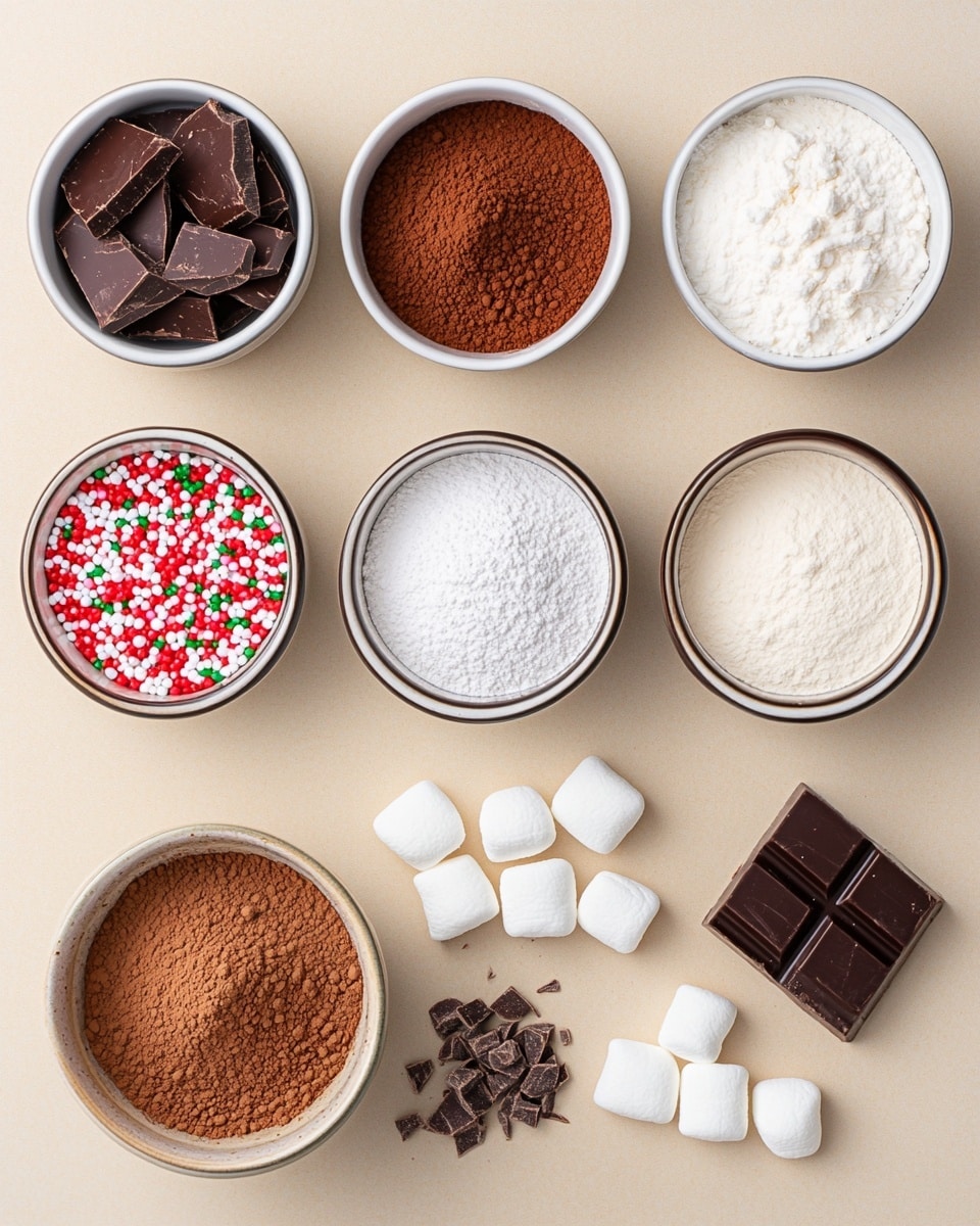 Two chocolate cupcakes sit on a white plate lined with light brown parchment paper, placed on a white marbled surface. Each cupcake has a dark brown base covered with red and white sprinkles along the edges. On top, there are several small white marshmallows piled up, drizzled with dark chocolate sauce. One cupcake has a small red and white candy cane hooked to its side. Scattered mini marshmallows and bits of red and white sprinkles are sprinkled around the cupcakes on the parchment paper, along with some thin lines of dark chocolate drizzle. In the blurred background, another cupcake is faintly visible on a white plate. Photo taken with an iphone --ar 4:5 --v 7