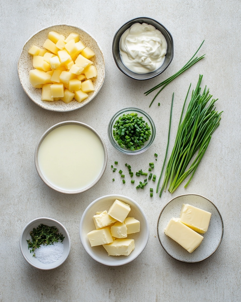The image shows a white plate filled with pieces of cooked potato that have their skin on as the base layer, topped with a mix of melted yellow and white cheese that looks soft and creamy, scattered with small crispy bits of reddish-brown bacon, and sprinkled with chopped green onions for a fresh color contrast. A woman's hand holds a fork, lifting a bite-sized cluster of these elements close to the camera, showing the cheeses stretching slightly over the potato pieces with the bacon and green onions clearly visible. The plate sits on a white marbled surface, and a soft blue cloth is blurred in the background. Photo taken with an iphone --ar 4:5 --v 7