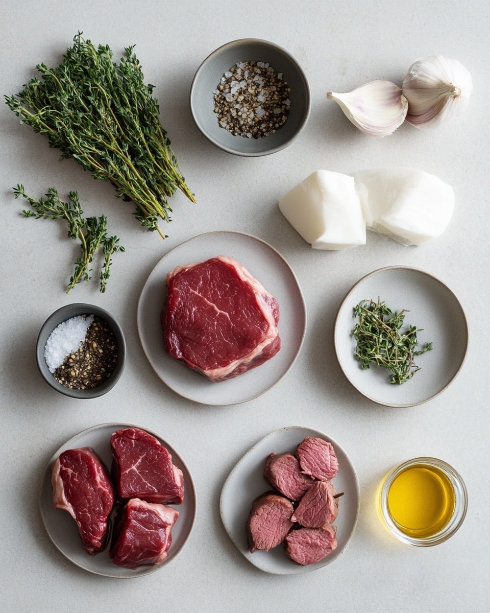 A white plate holds a thick cut piece of medium-rare steak, showing a dark brown crust on the outside and a juicy red inside. On top of the steak are dollops of creamy white sauce sprinkled with green herbs. Surrounding the steak are golden-brown roasted small potatoes with a slightly crispy texture. Fresh green thyme sprigs are laid around the steak and potatoes. The dish is placed on a white marbled surface. Photo taken with an iphone --ar 4:5 --v 7