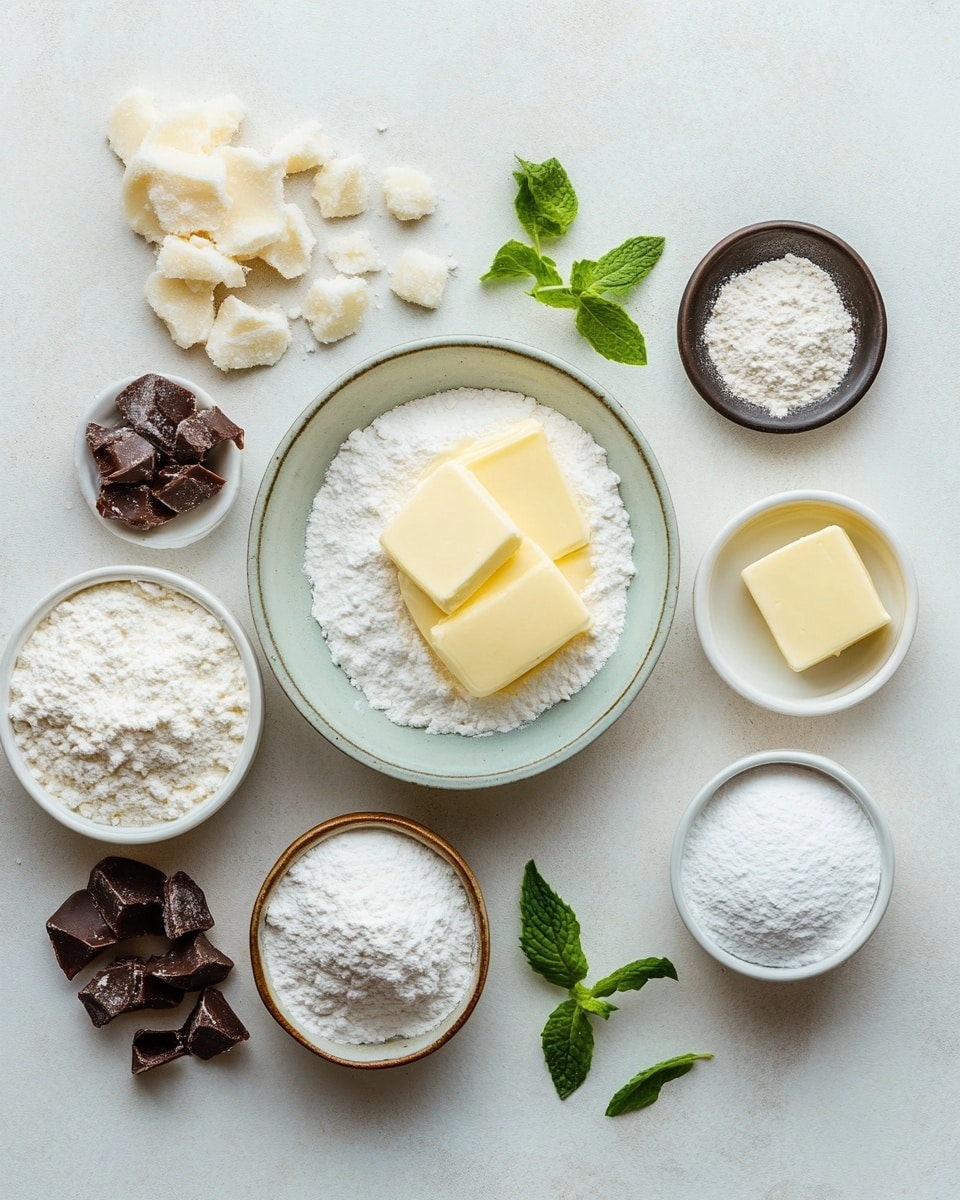 A white bowl filled with fine white powdered sugar, with a metal scoop resting inside, sits on a white marbled surface. Nearby, there is a small bottle of dark brown pure peppermint extract with a white cap, a white rectangular dish holding a pale yellow stick of unsalted butter, and a black measuring cup filled with white whipping cream. Three small translucent plastic containers with pointed lids hold blue, green, and yellow food coloring. The items are neatly arranged with clear labels beside each. photo taken with an iphone --ar 4:5 --v 7