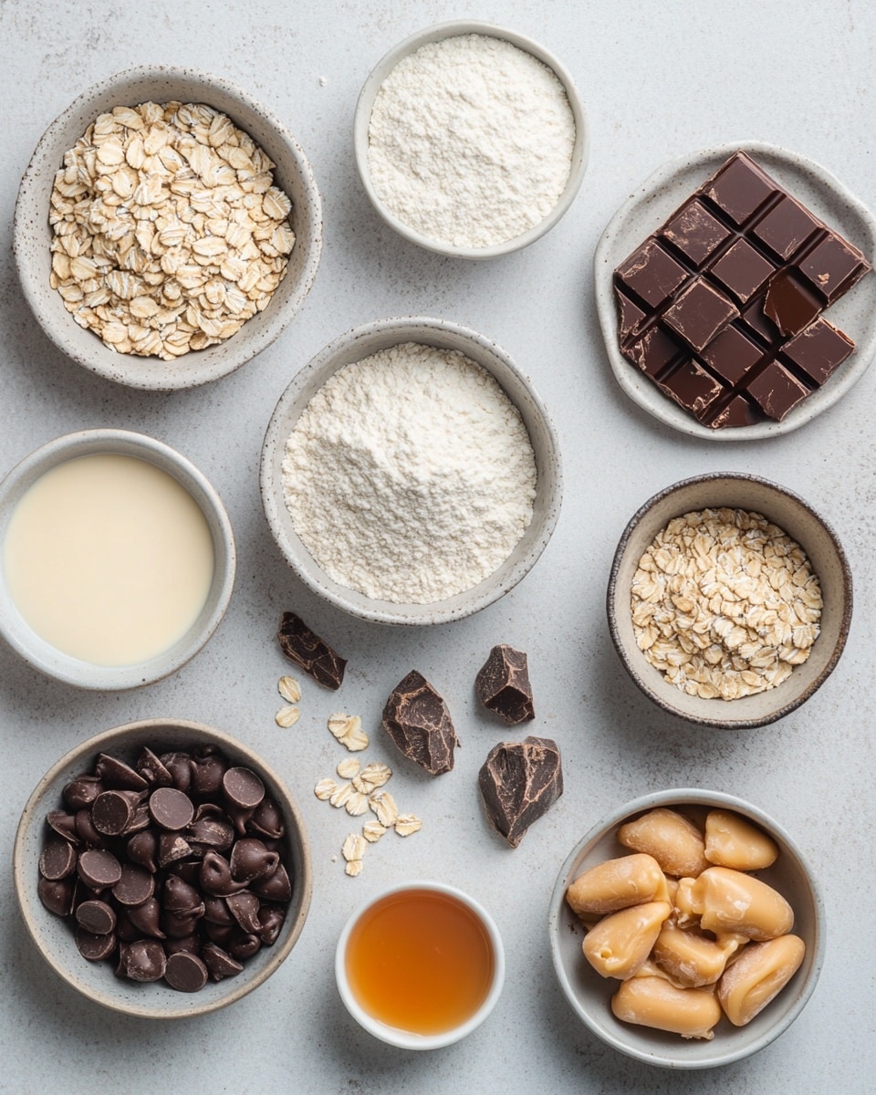 The image shows a stack of seven square dessert bars on a white plate with small gray dots. Each bar has three visible layers: the top and bottom layers are light golden brown with a crumbly oat texture, while the middle layer is thicker, darker, and filled with soft melted chocolate chunks and gooey caramel that oozes between the layers. The bars are roughly stacked, with some pieces leaning and overlapping each other on a white marbled surface in the background. Photo taken with an iphone --ar 4:5 --v 7