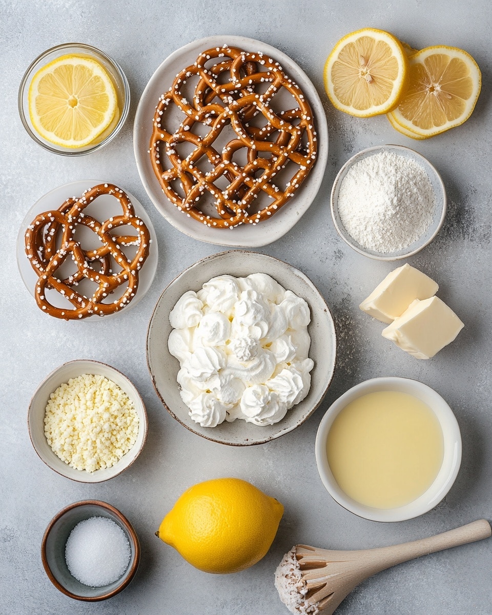 A white marbled surface holds seven small white bowls and one white plate arranged neatly. At the top left, a wooden bowl filled with white granulated sugar and a small wooden spoon rests. Next to it on the top right is a white bowl filled with smooth, creamy white whipped topping. Below the sugar, a transparent glass bowl contains shiny, yellow lemon pie filling with a swirled texture. To its right, a small white pitcher holds melted yellow butter. Next is a small white plate with several thin lemon slices arranged in a circular, overlapping pattern. At the bottom left, a transparent glass bowl holds a coarse mix of crushed pretzels in light brown shades with visible small pieces. Finally, at the bottom right, a white plate carries two thick blocks of creamy, white cream cheese placed side by side. The entire scene is clean and bright, photo taken with an iphone --ar 4:5 --v 7