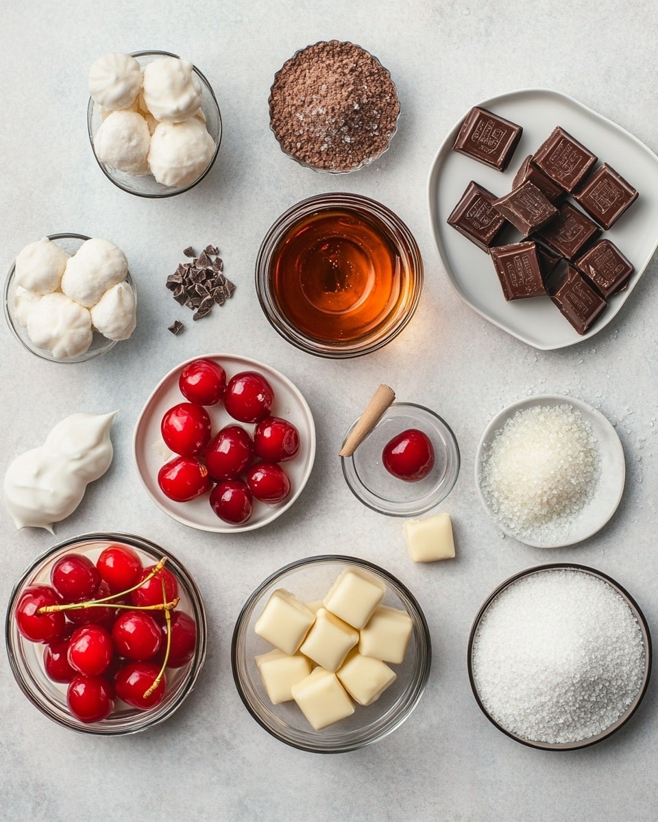 The image shows multiple cherry candies, each with three layers: a bright red cherry on top with a long thin red stem, a smooth white creamy layer just below the cherry, and a coating of shiny red sugar crystals covering the bottom half. The candies are arranged closely on a white marbled surface that looks soft and slightly crinkled. The focus is on one candy in the front center, making the details of its sugar crystals and glossy cherry clear, while the others blur softly into the background. Photo taken with an iphone --ar 4:5 --v 7
