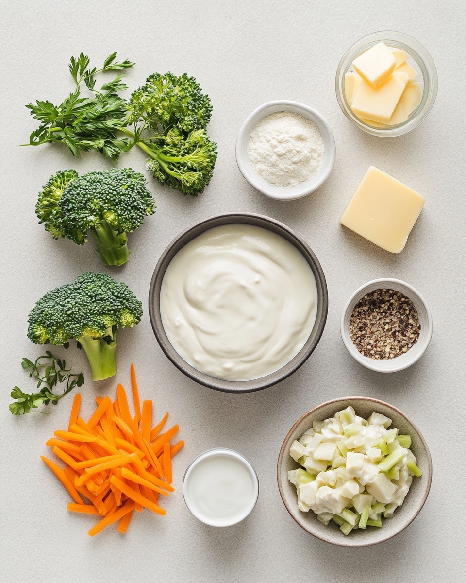 A round bread bowl with a golden brown, crispy crust holds creamy white soup with visible small green broccoli florets and orange carrot strips. A shiny silver spoon lifts some soup, showing its thick texture and mixed vegetables inside. Next to the bread bowl is the bread top placed on a white plate with a white marbled surface under it. In the background, a white bowl with blue stripes holds more creamy soup. A woman's hand is holding the spoon. Photo taken with an iphone --ar 4:5 --v 7