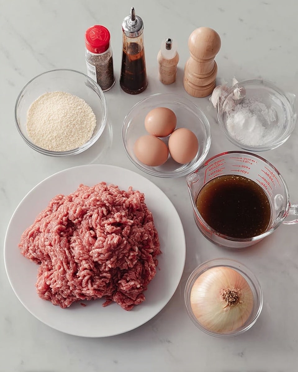 The image shows a white pot filled with four browned oval-shaped patties covered with thick brown gravy. The gravy is rich and shiny with visible chunks of cooked onions scattered evenly over and around the patties. The pot is placed on a white marbled surface. The texture of the patties appears slightly rough and meaty, while the gravy looks smooth with a glossy finish. photo taken with an iphone --ar 4:5 --v 7